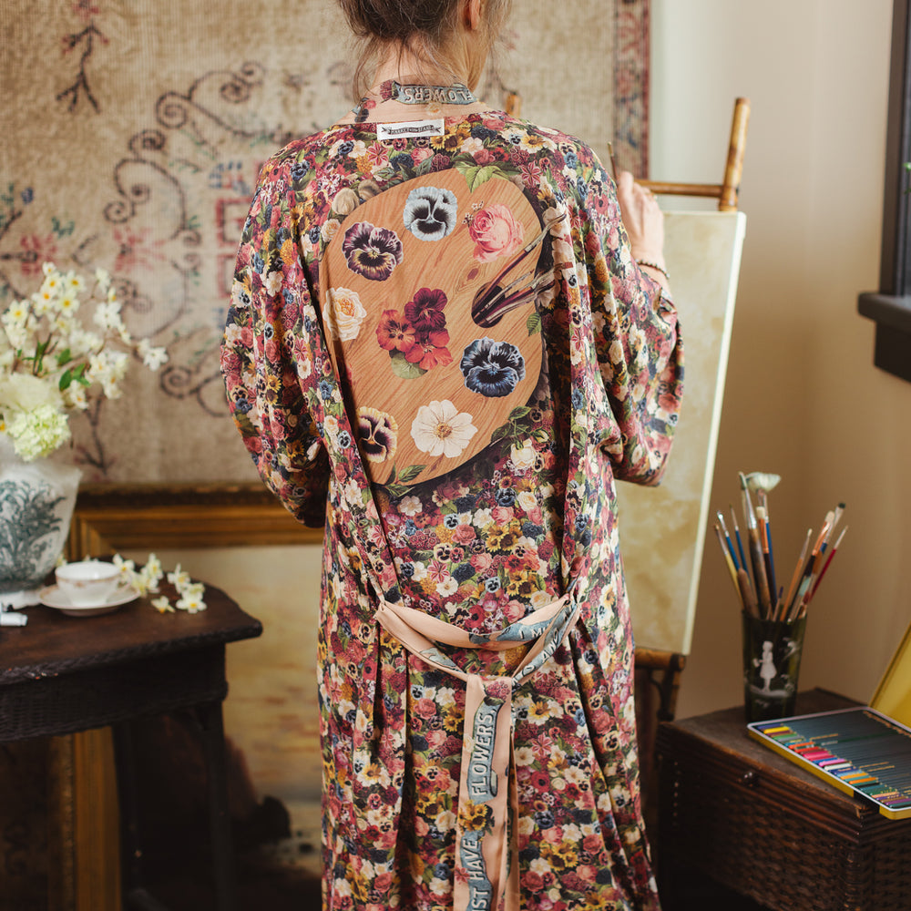 
                  
                    Opera-length kimono featuring an artist’s palette with over 50 antique seed catalogue flowers, inspired by Claude Monet’s love of flowers – Market of Stars
                  
                