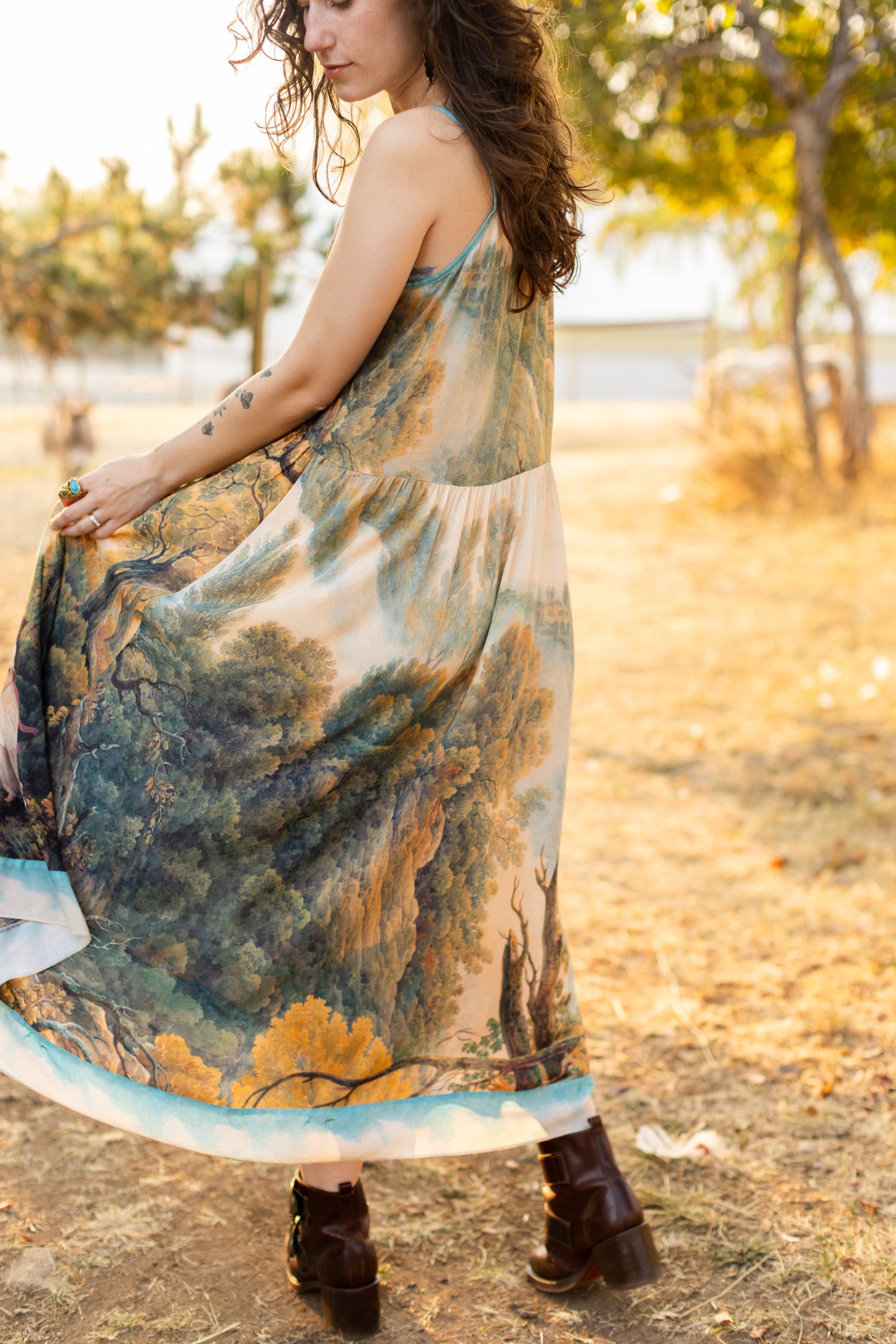 Soft bamboo viscose Bohéme slip dress featuring 18th-century Tivoli waterfalls and Lady Liberty artwork, designed to celebrate self-love and personal power – Market of Stars.