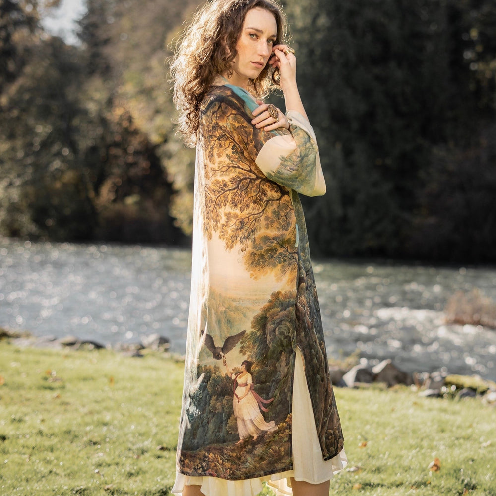 Romantic kimono featuring 18th-century Tivoli waterfalls and Lady Liberty art in a soft, painterly palette celebrating strength and self-love – Market of Stars.