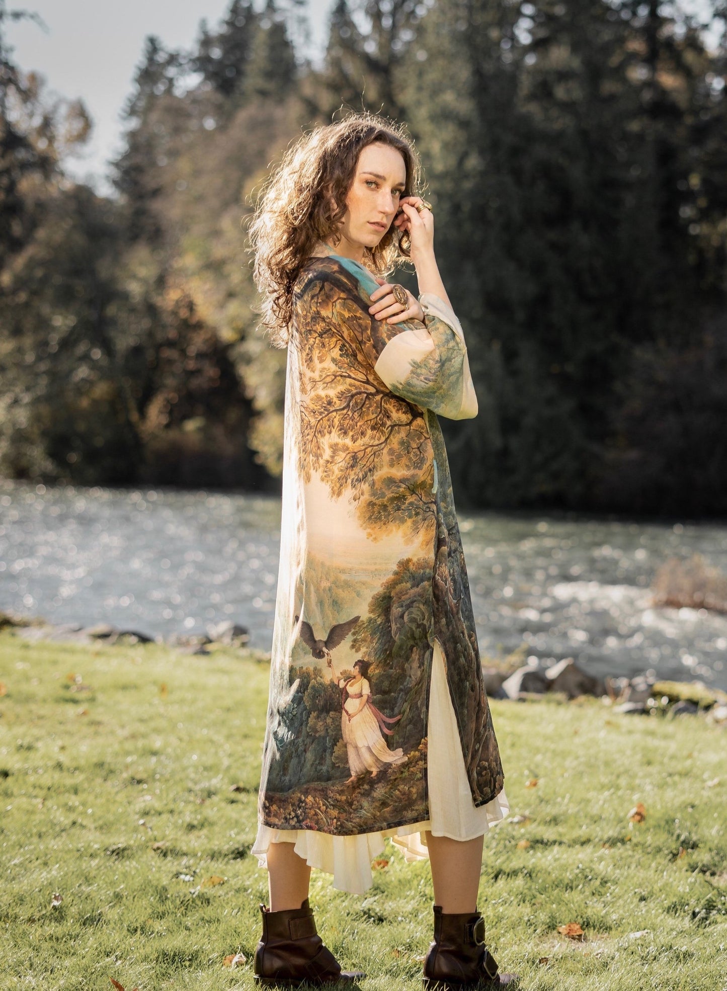 Romantic kimono featuring 18th-century Tivoli waterfalls and Lady Liberty art in a soft, painterly palette celebrating strength and self-love – Market of Stars.