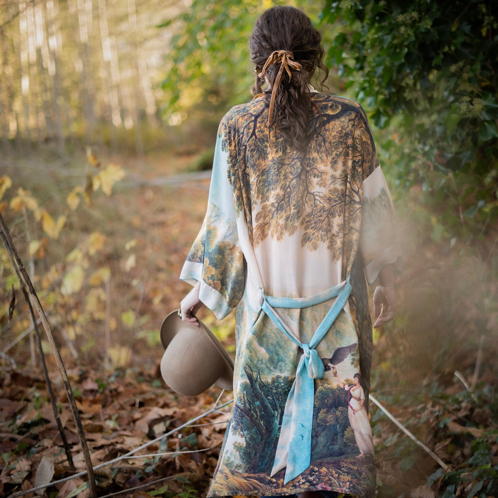 Romantic kimono featuring 18th-century Tivoli waterfalls and Lady Liberty art in a soft, painterly palette celebrating strength and self-love – Market of Stars.
