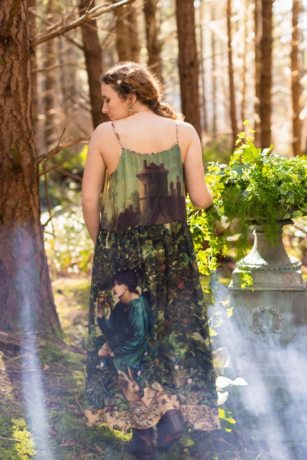 A romantic bamboo-based viscose slip dress featuring a moonlit river scene, a seated woman painted by Dante Gabriel Rossetti, and a hidden quote from a 1700s ring – Market of