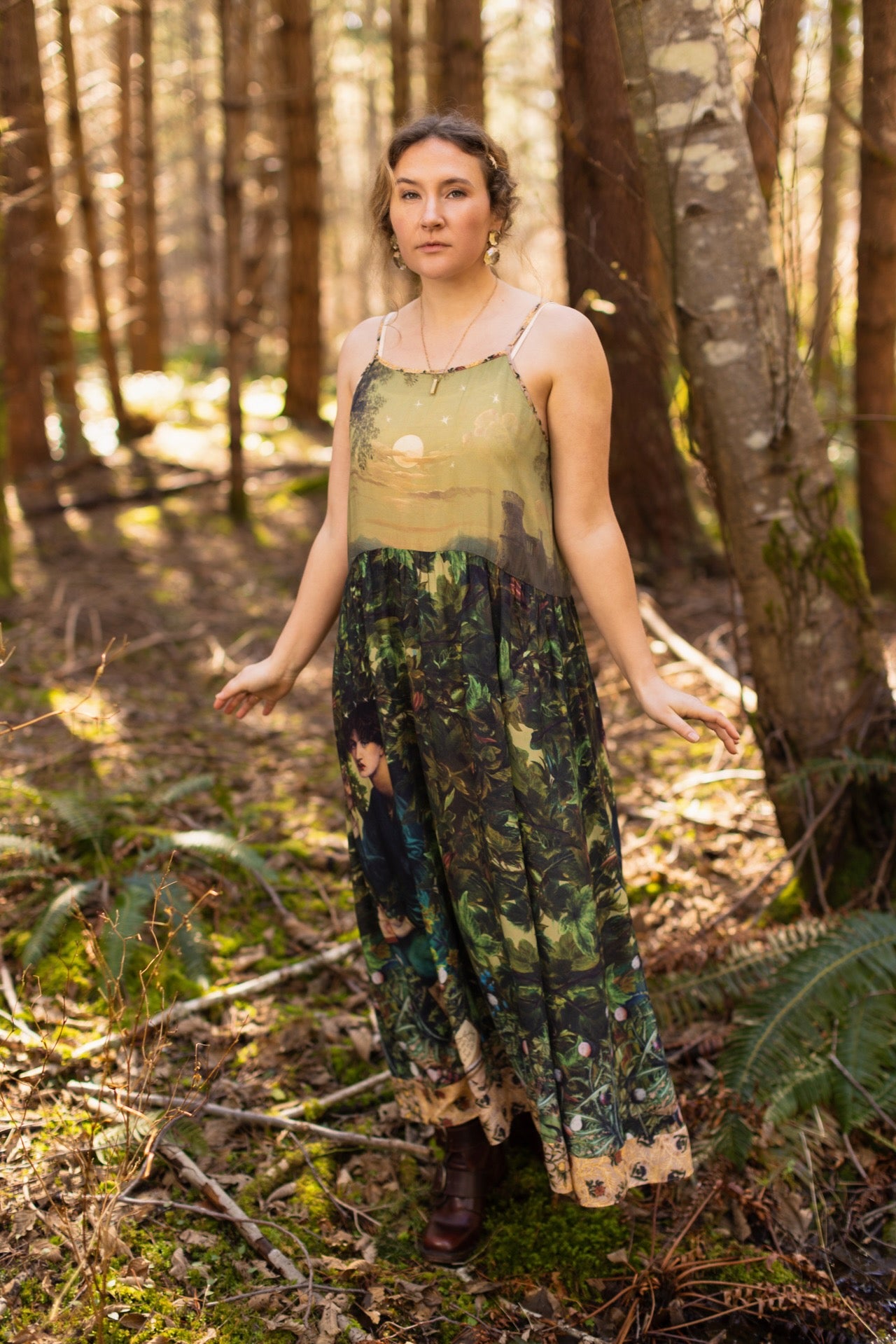 A romantic bamboo-based viscose slip dress featuring a moonlit river scene, a seated woman painted by Dante Gabriel Rossetti, and a hidden quote from a 1700s ring – Market of
