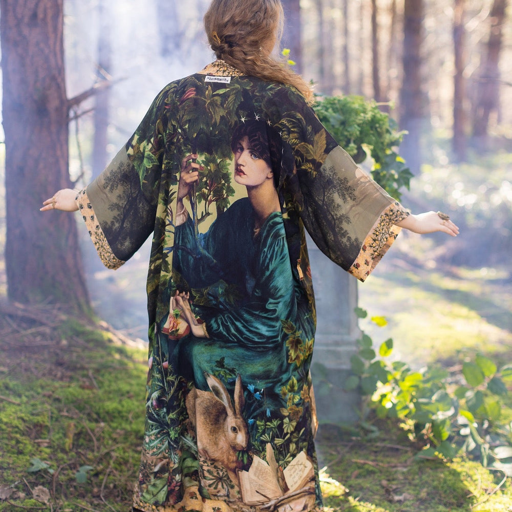 Romantic Bella Notte opera duster featuring Rossetti’s muse, a 16th-century rabbit, moonlit landscapes, and floral trim by William Morris – Market of Stars.