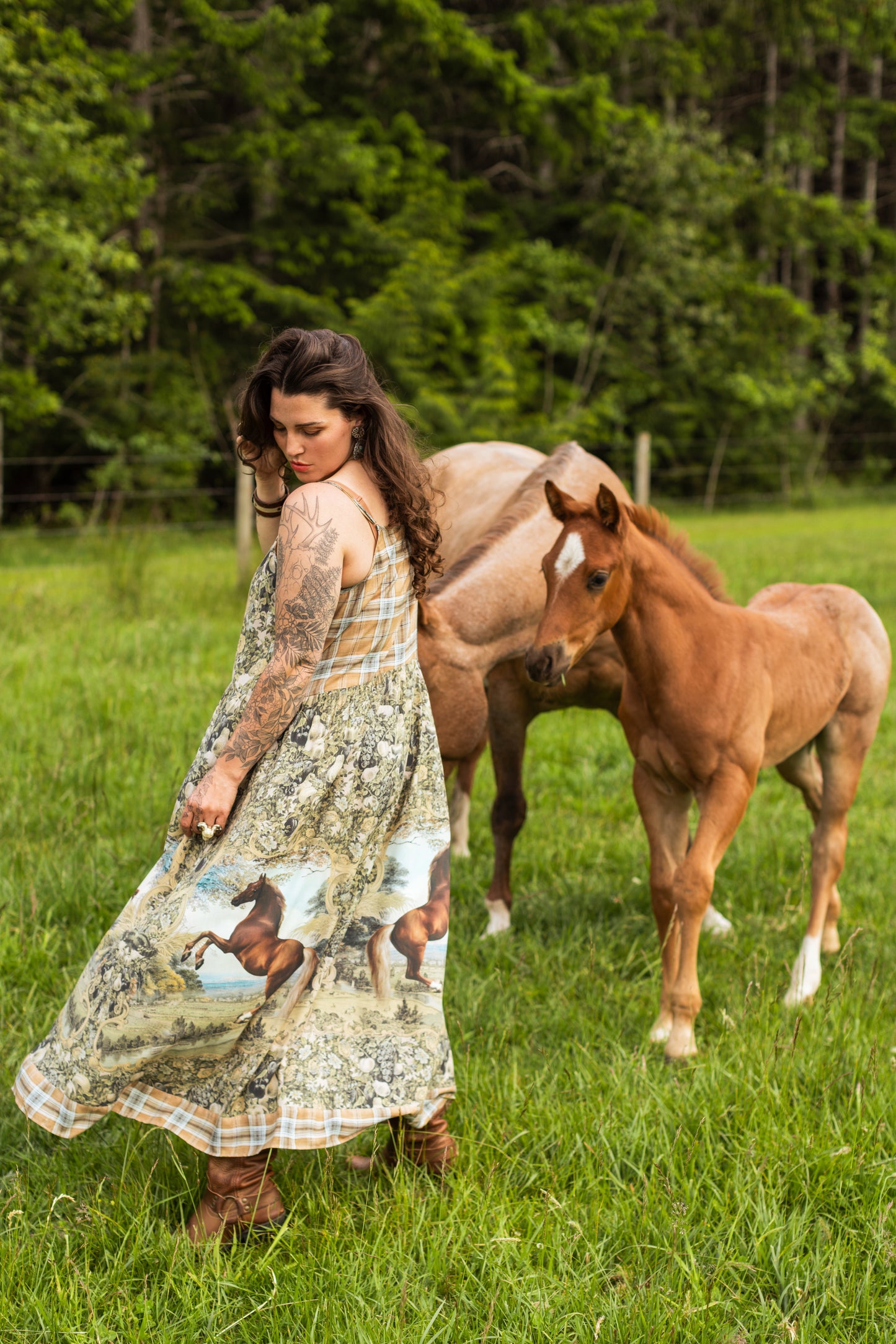 Model wearing a bamboo-viscose maxi-length slip dress made for everyday adventures with a whimsical print celebrating one's unbridled spirit of adventure - Market of Stars
