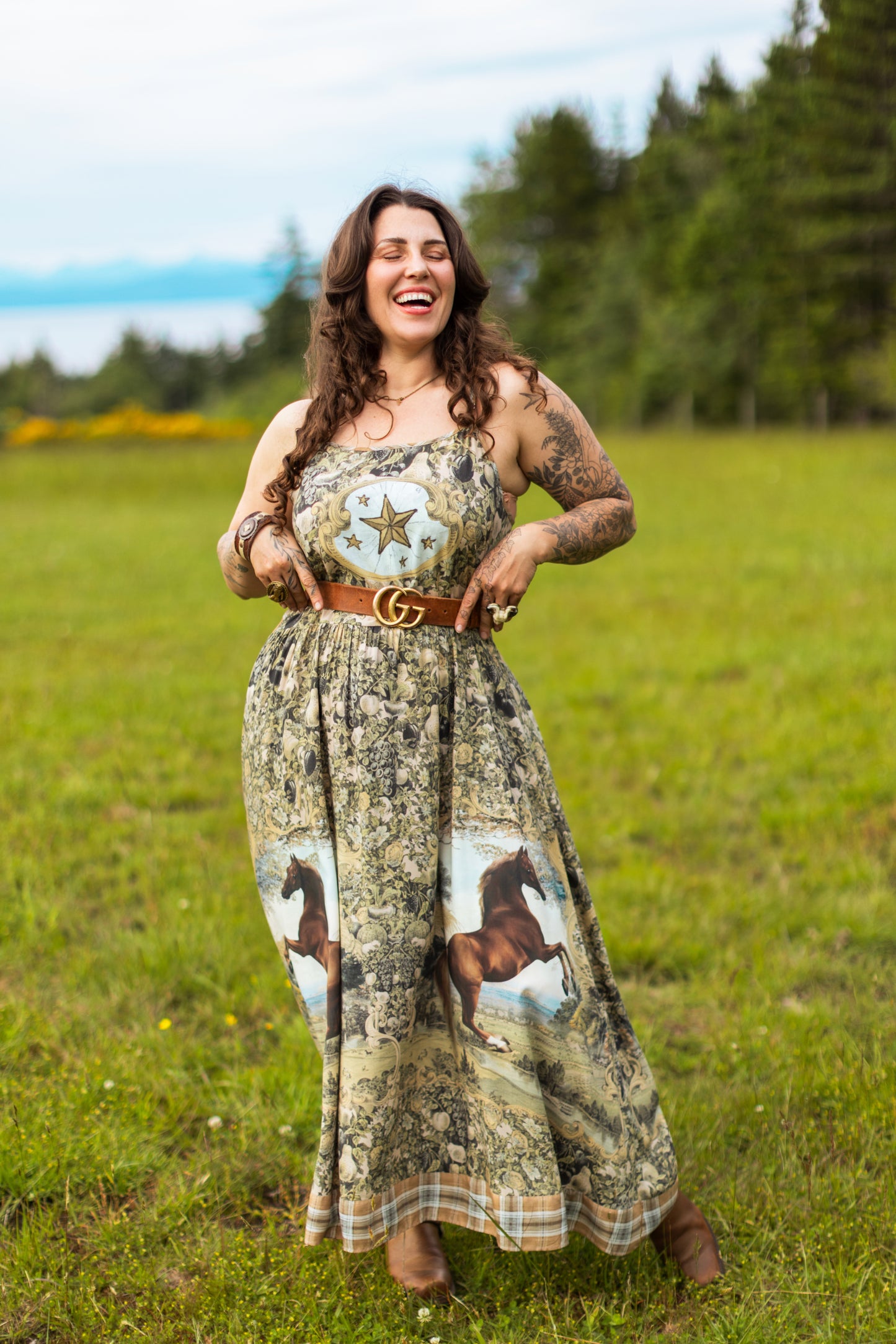 Model wearing a bamboo-viscose maxi-length slip dress made for everyday adventures with a whimsical print celebrating one's unbridled spirit of adventure - Market of Stars