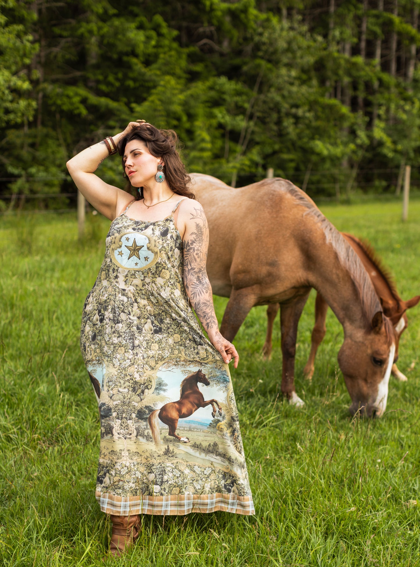Model wearing a bamboo-viscose maxi-length slip dress made for everyday adventures with a whimsical print celebrating one's unbridled spirit of adventure - Market of Stars
