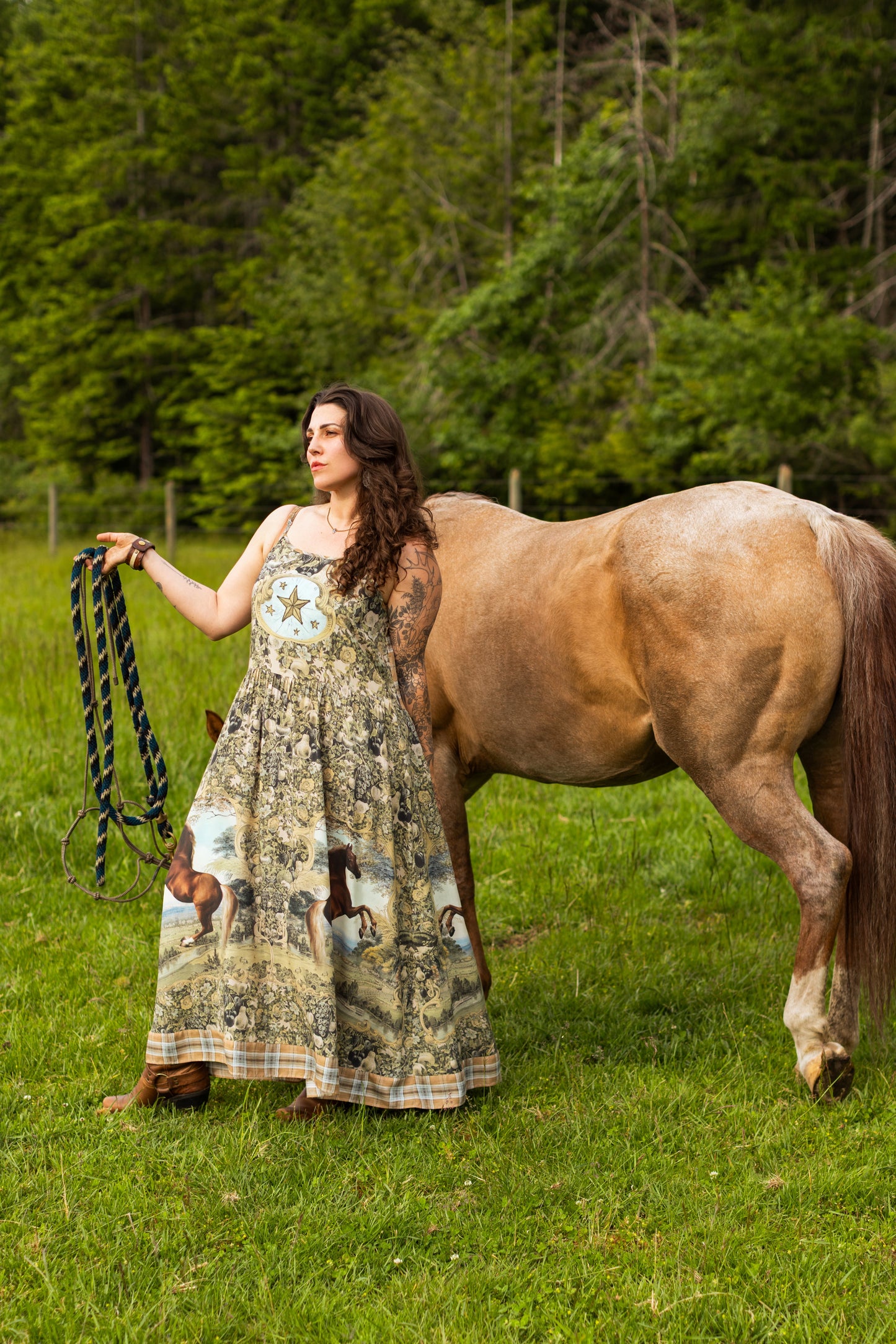 Model wearing a bamboo-viscose maxi-length slip dress made for everyday adventures with a whimsical print celebrating one's unbridled spirit of adventure - Market of Stars
