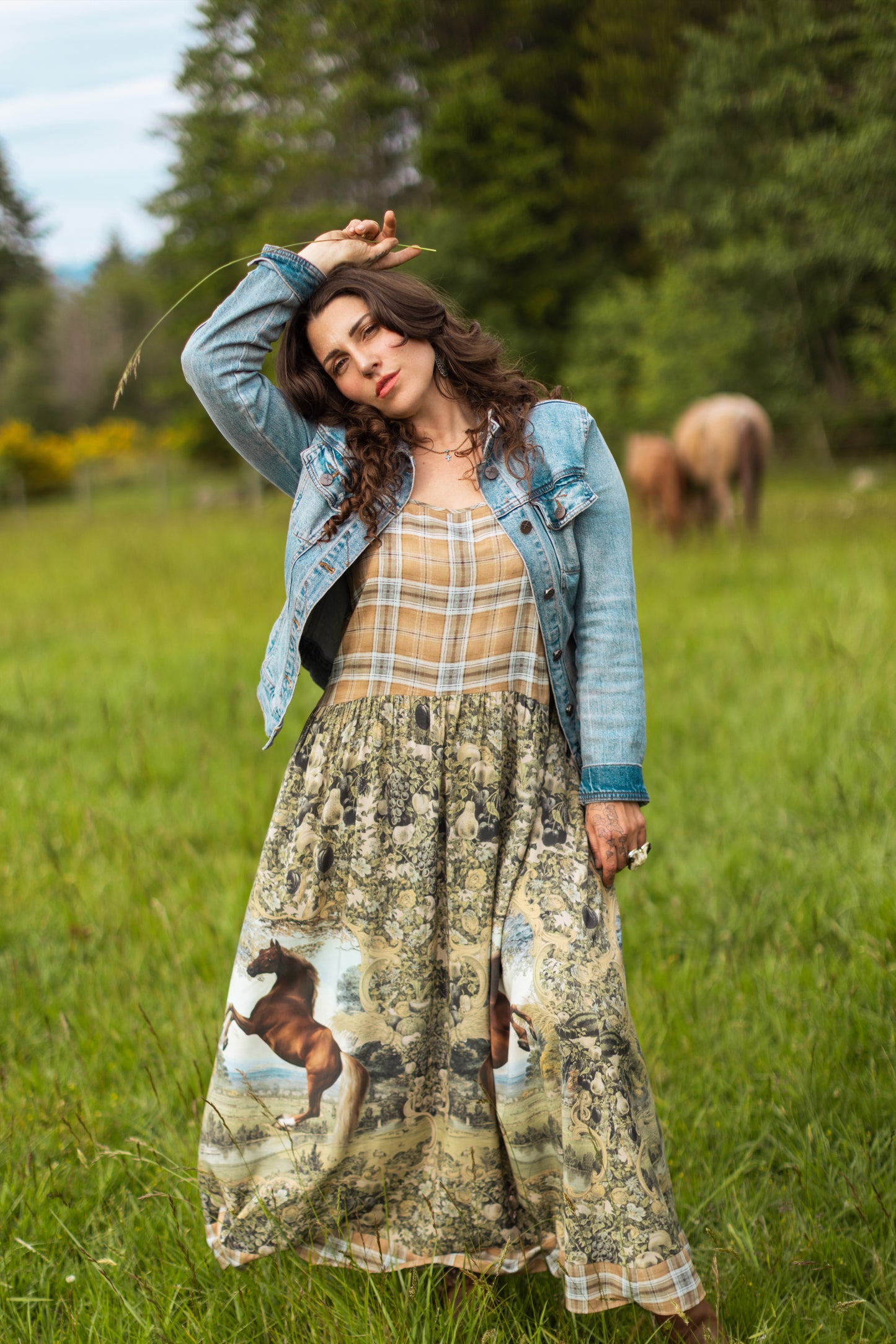 Model wearing a bamboo-viscose maxi-length slip dress made for everyday adventures with a whimsical print celebrating one's unbridled spirit of adventure - Market of Stars
