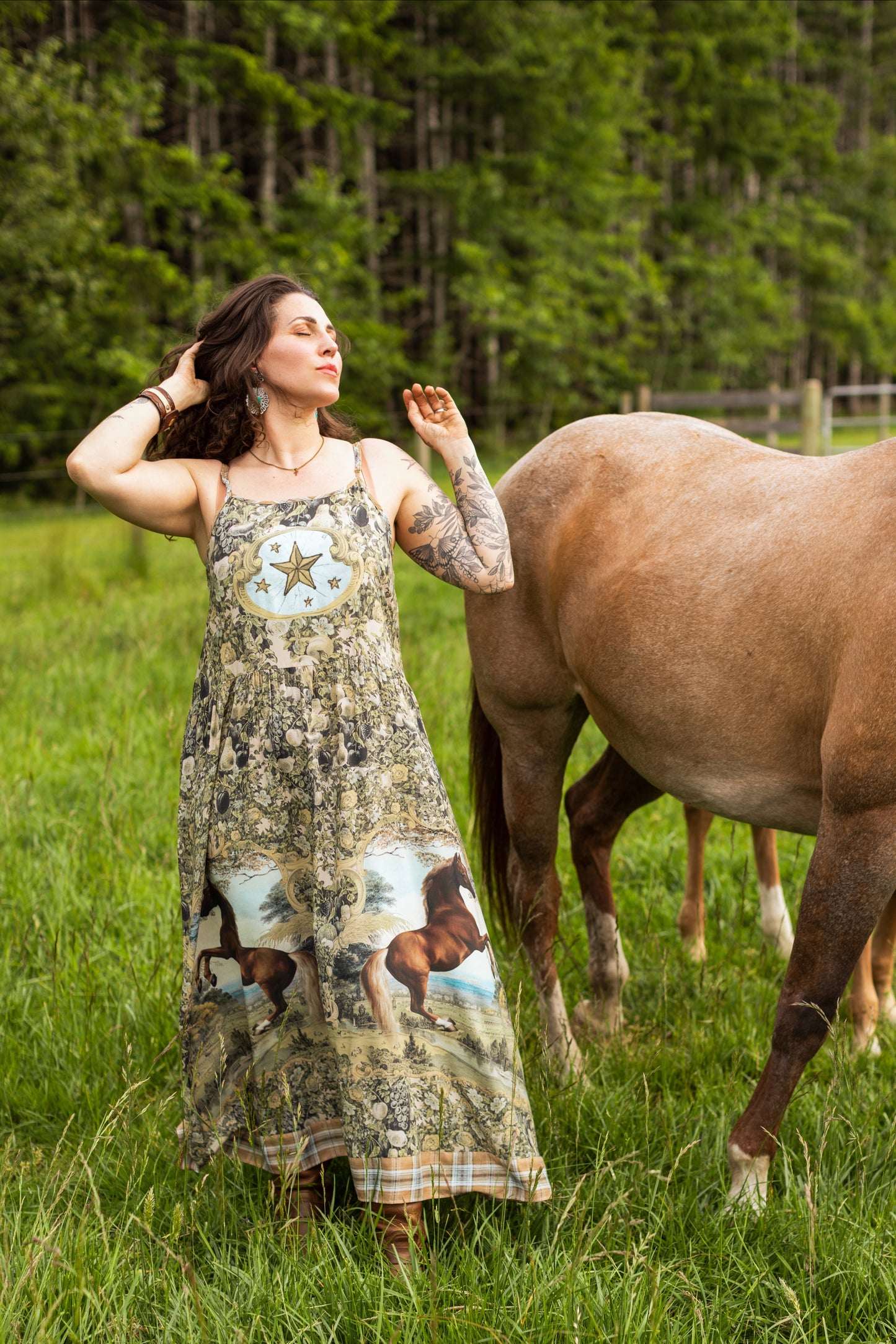 Model wearing a bamboo-viscose maxi-length slip dress made for everyday adventures with a whimsical print celebrating one's unbridled spirit of adventure - Market of Stars