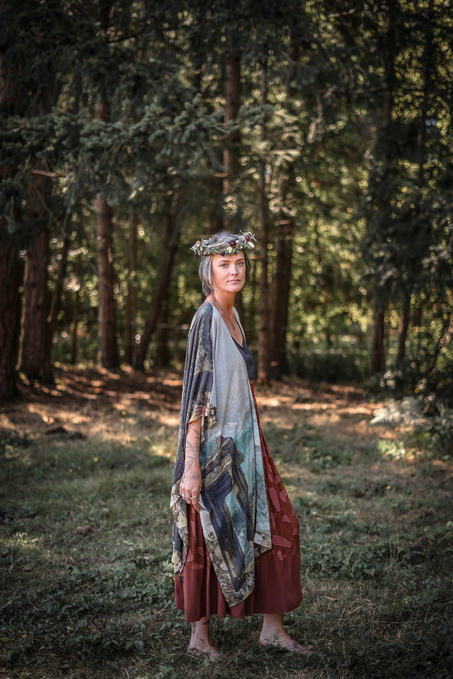 Castles in the Air Starduster kimono featuring Brueghel’s 1600s landscape, classical ruins, and joyful swing scene on bamboo-based viscose – Market of Stars.