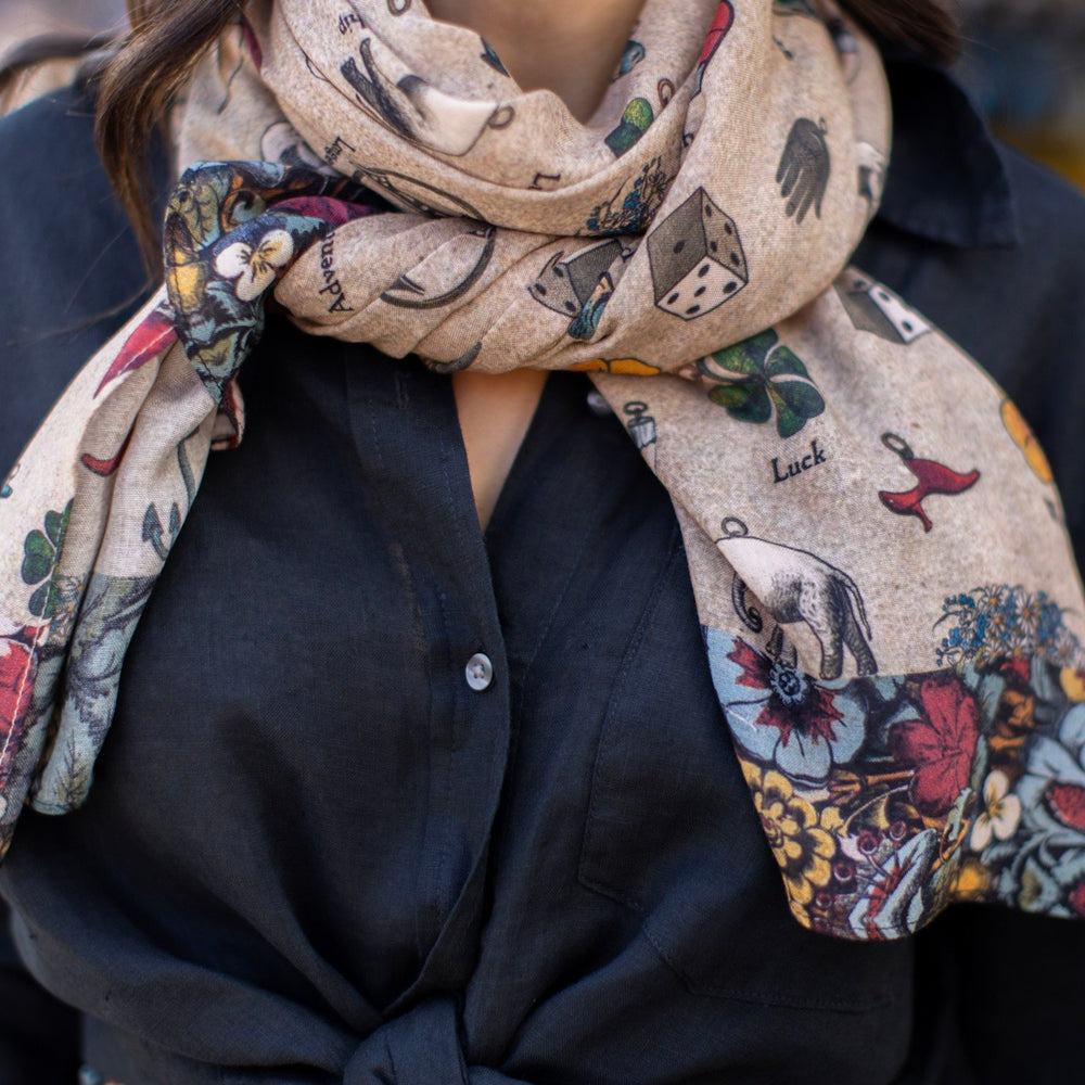Charmed Life Scarf featuring whimsical Victorian good luck symbols and floral trim on soft, airy bamboo & wood viscose fabric – Market of Stars.