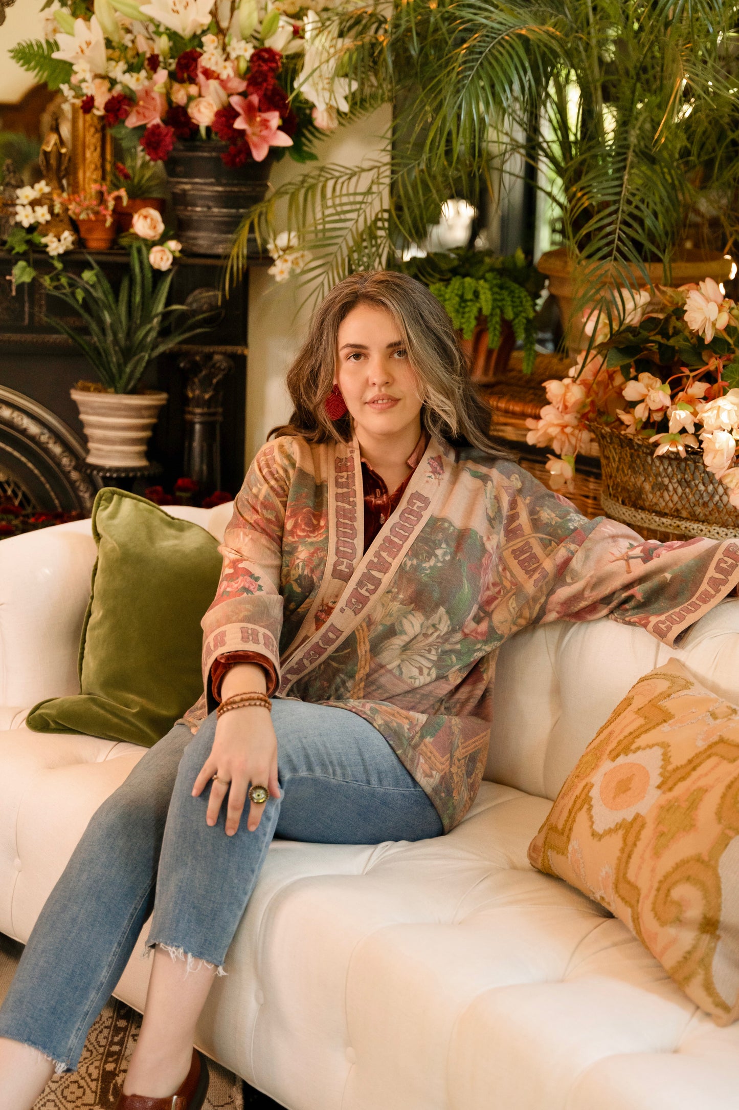 Cozy Courage Dear Heart Cottage Jacket featuring Victorian Sacred Heart art, hidden affirmations of courage and love, and soft fleece lining for cooler days – Market of Stars.