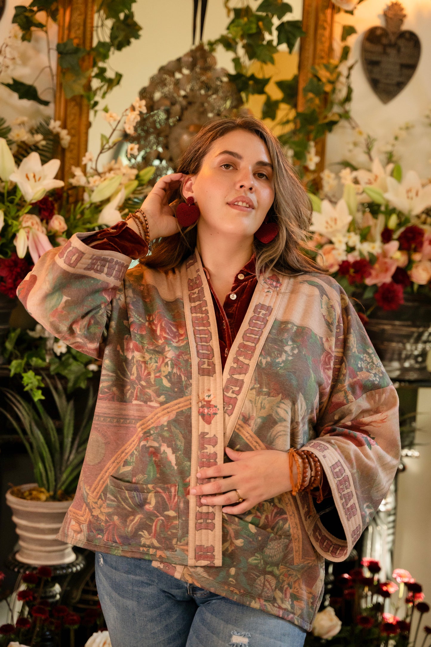 Cozy Courage Dear Heart Cottage Jacket featuring Victorian Sacred Heart art, hidden affirmations of courage and love, and soft fleece lining for cooler days – Market of Stars.