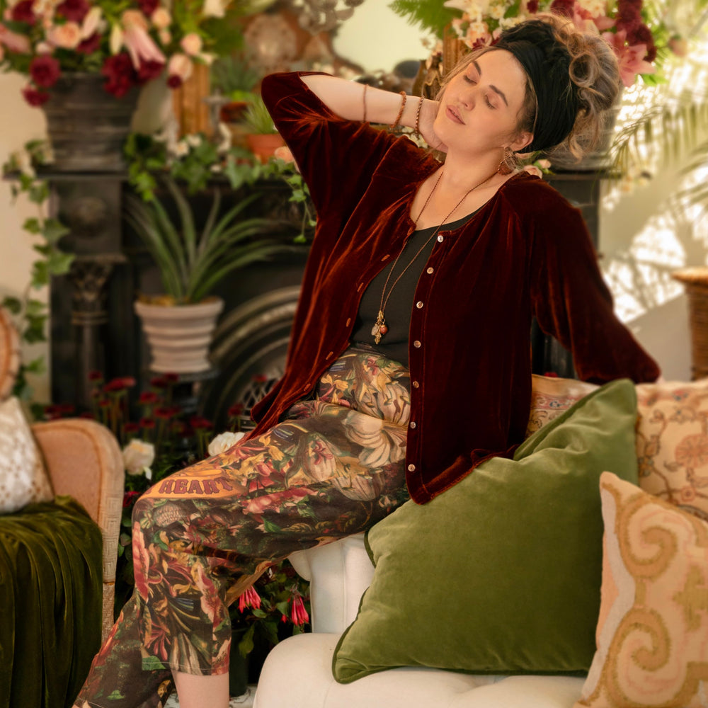 Artfully printed Courage Dear Heart Artist Pants with floral lithographs and hidden messages of love, faith, and courage in a breathable linen blend – Market of Stars.