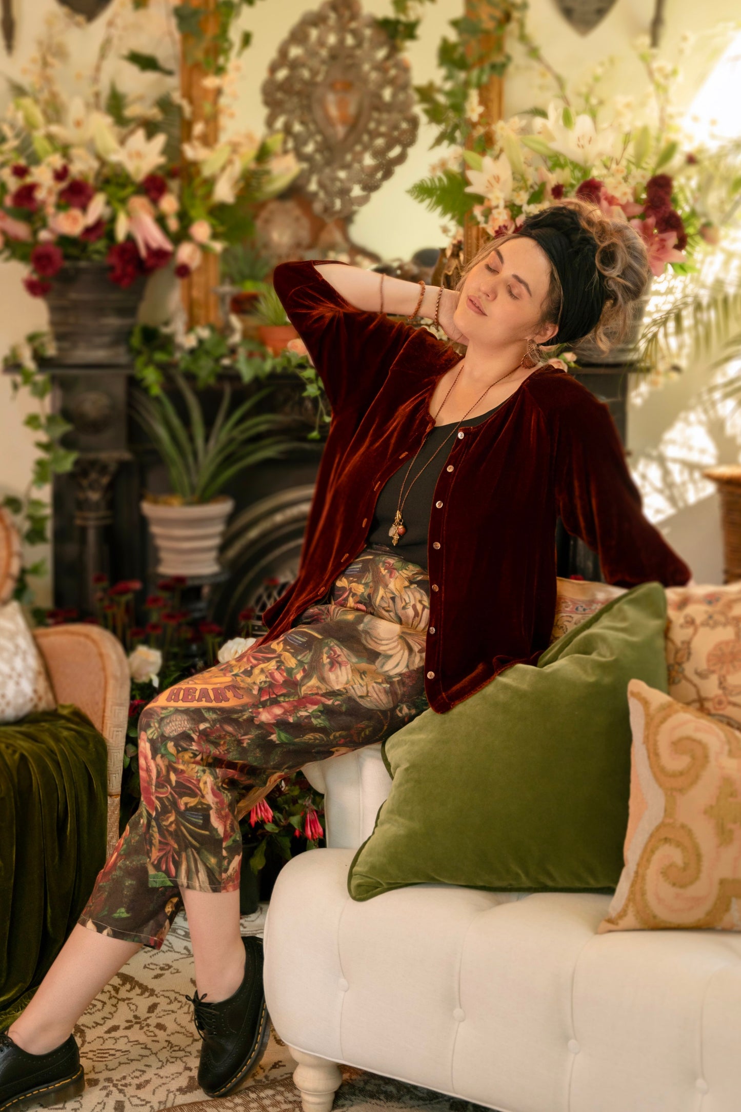 Artfully printed Courage Dear Heart Artist Pants with floral lithographs and hidden messages of love, faith, and courage in a breathable linen blend – Market of Stars.