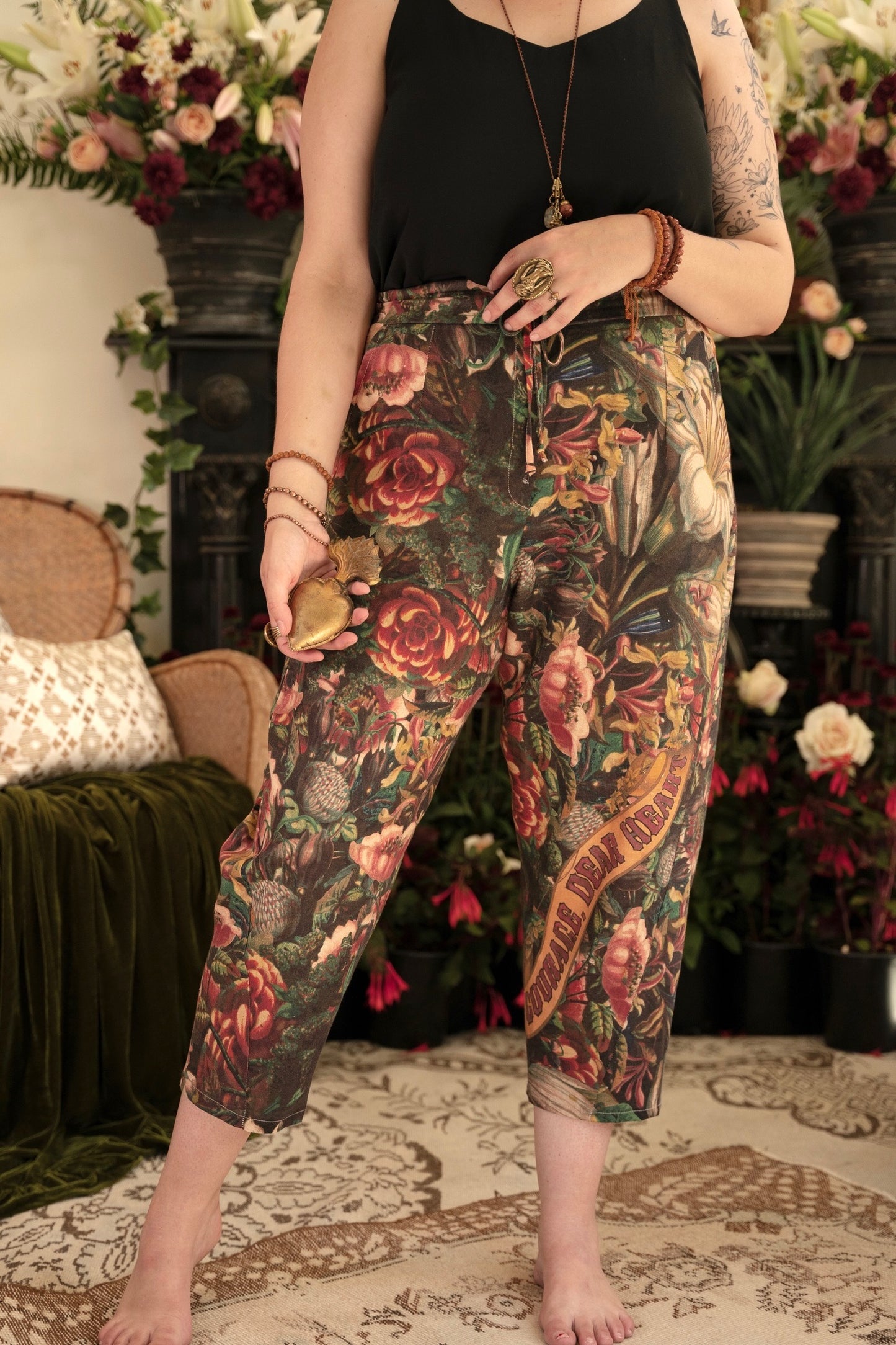 Artfully printed Courage Dear Heart Artist Pants with floral lithographs and hidden messages of love, faith, and courage in a breathable linen blend – Market of Stars.