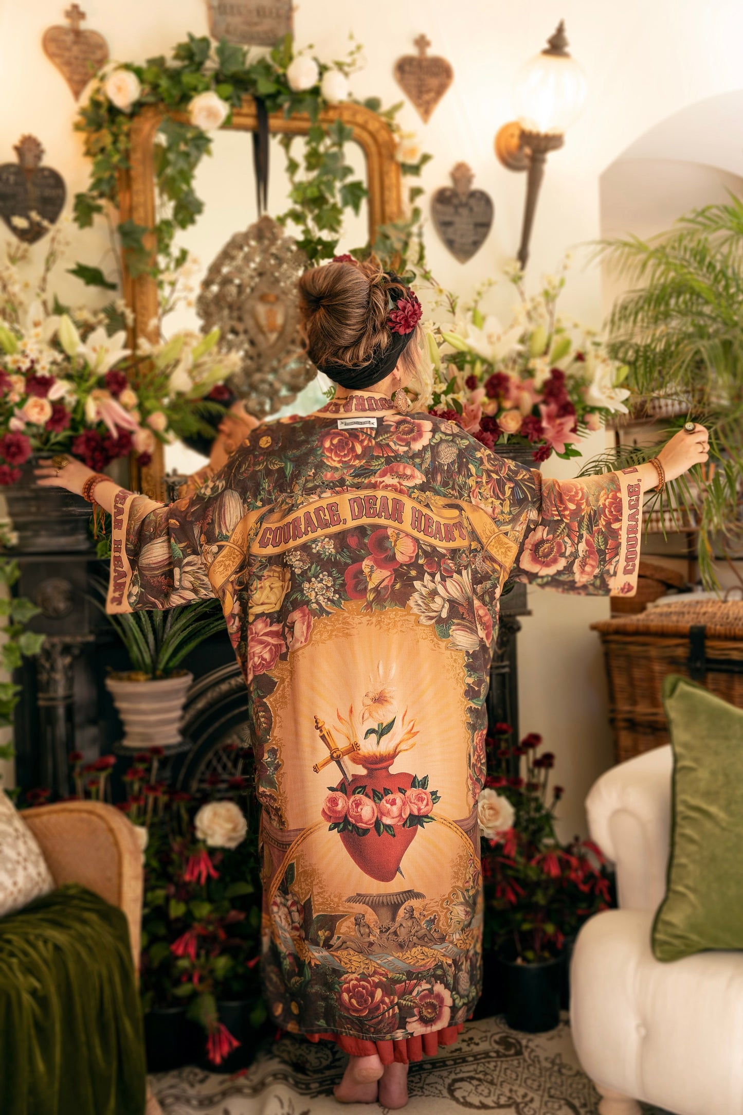Model wearing Take Heart Opera Duster featuring Victorian Sacred Heart art, hidden affirmations of love, courage, and strength on bamboo-based viscose – Market of Stars