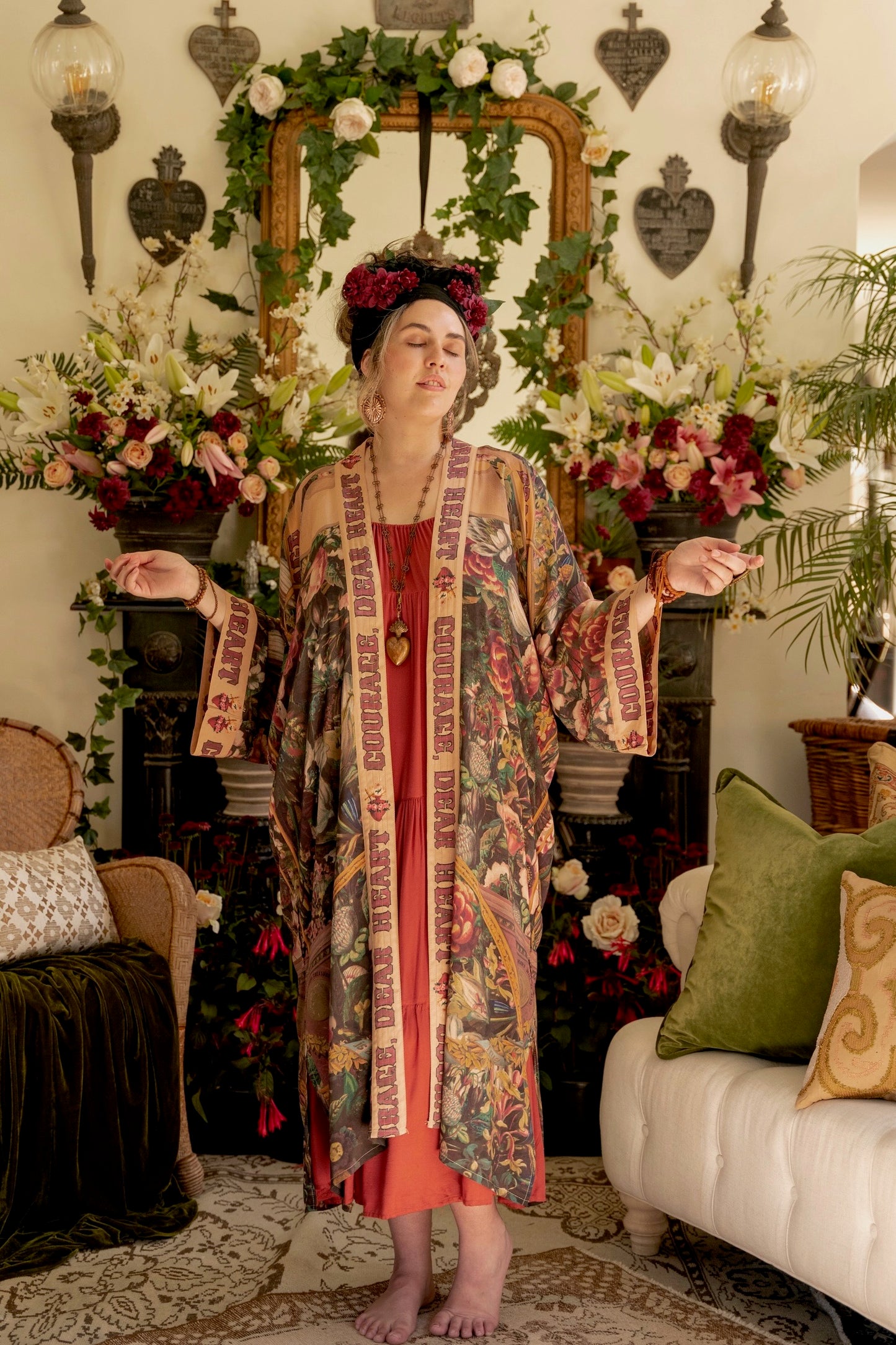 Model wearing Take Heart Opera Duster featuring Victorian Sacred Heart art, hidden affirmations of love, courage, and strength on bamboo-based viscose – Market of Stars