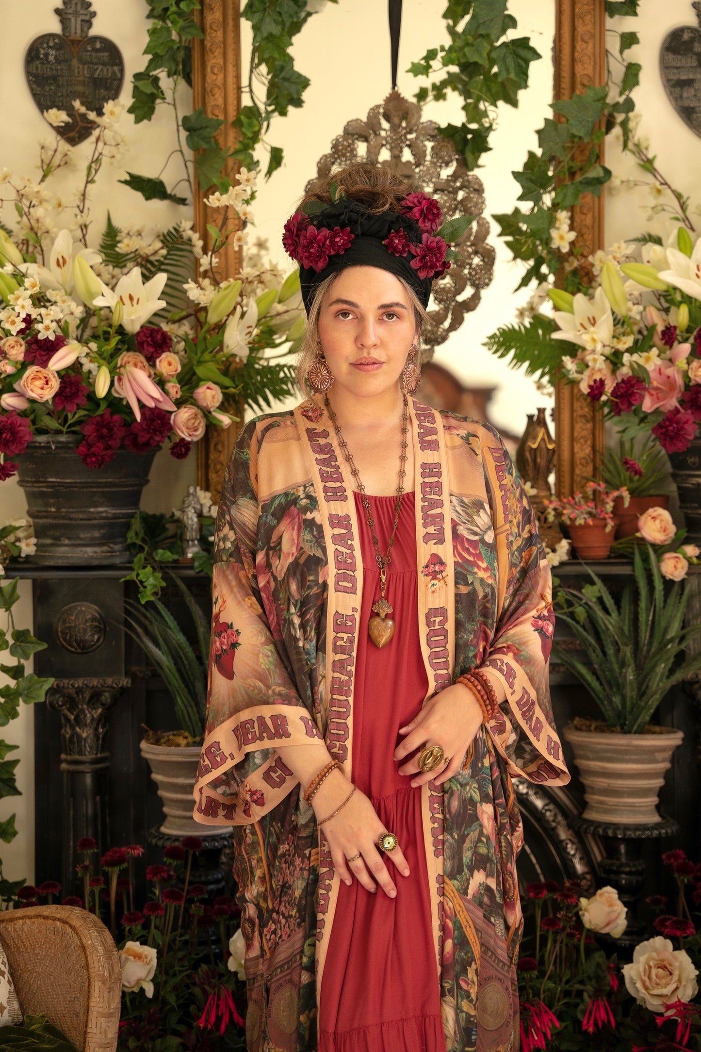 Model wearing Take Heart Opera Duster featuring Victorian Sacred Heart art, hidden affirmations of love, courage, and strength on bamboo-based viscose – Market of Stars