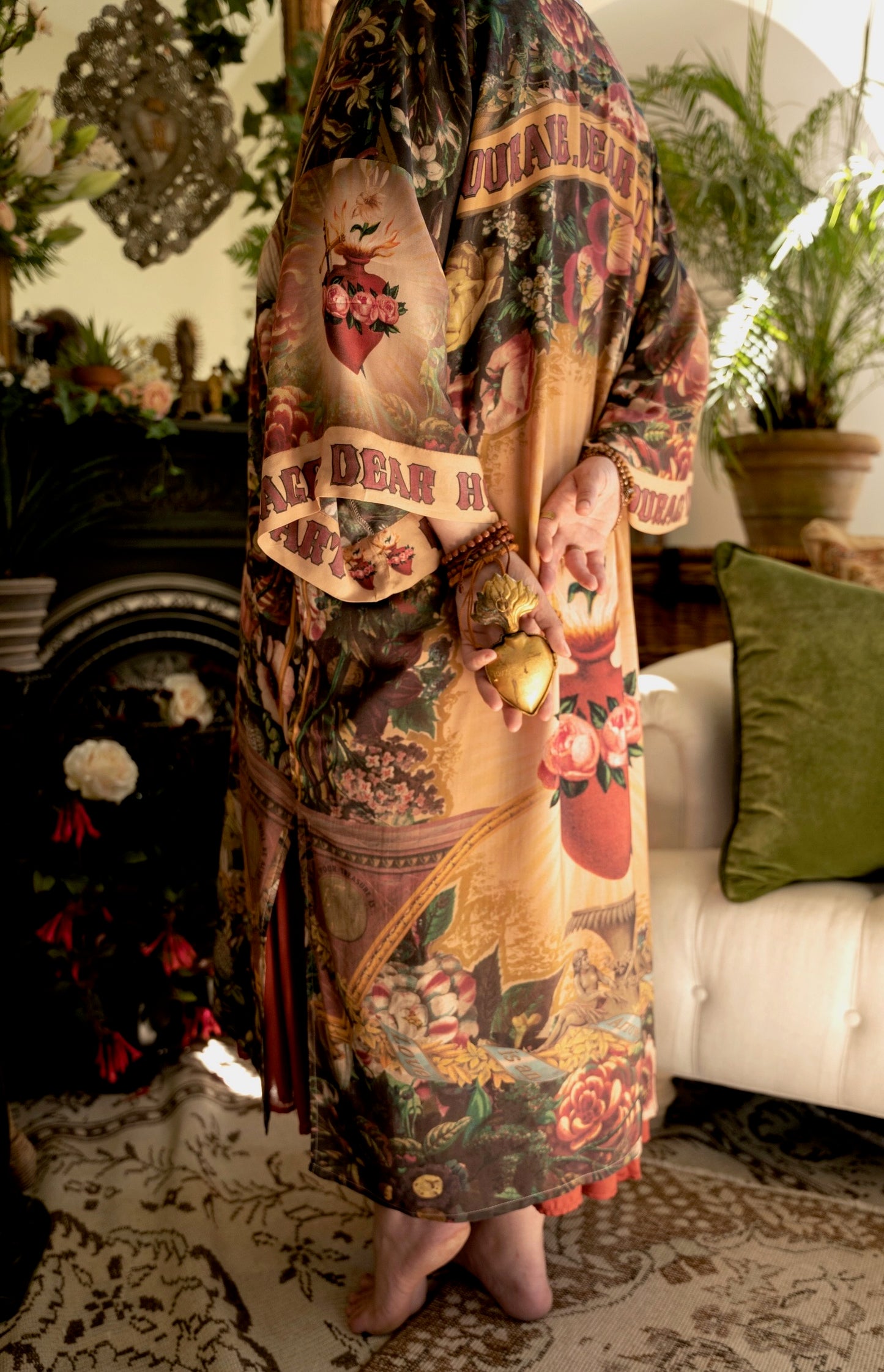 Model wearing Take Heart Opera Duster featuring Victorian Sacred Heart art, hidden affirmations of love, courage, and strength on bamboo-based viscose – Market of Stars