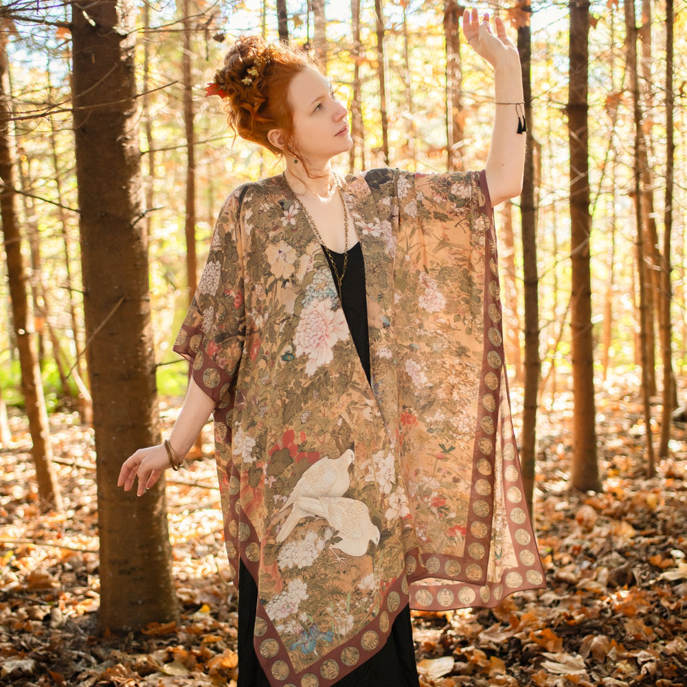 Dreamweaver Goddess Duster featuring Alphonse Mucha’s 1896 zodiac woman, celestial crown, and burgundy zodiac trim inspired by vintage bohemian style – Market of Stars