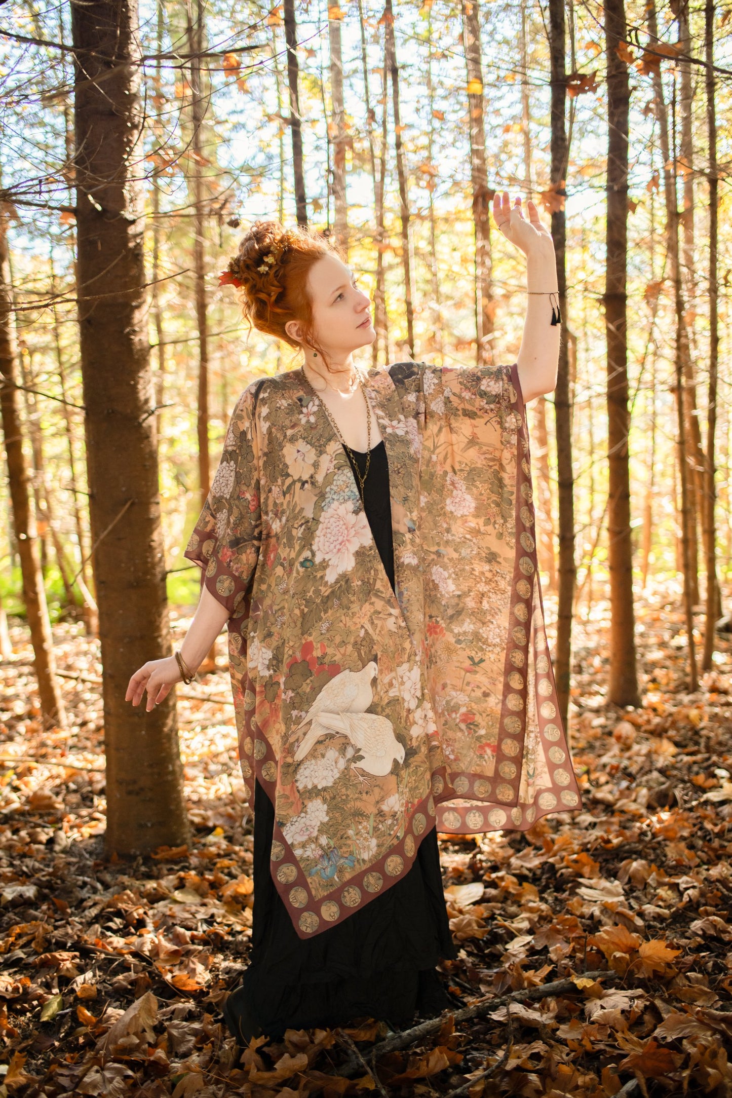 Dreamweaver Goddess Duster featuring Alphonse Mucha’s 1896 zodiac woman, celestial crown, and burgundy zodiac trim inspired by vintage bohemian style – Market of Stars