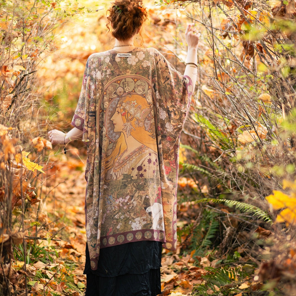 Dreamweaver Goddess Duster featuring Alphonse Mucha’s 1896 zodiac woman, celestial crown, and burgundy zodiac trim inspired by vintage bohemian style – Market of Stars
