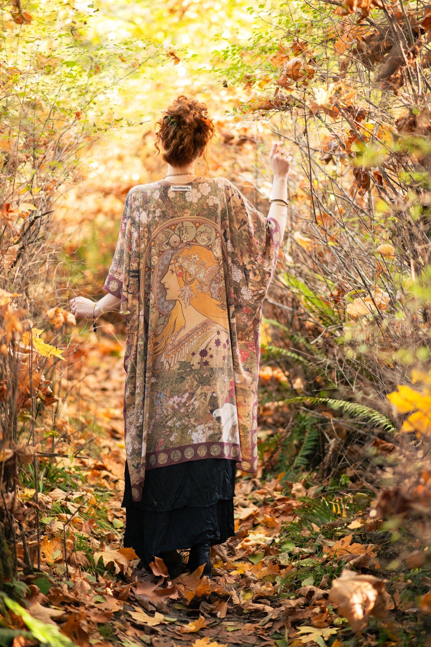 Dreamweaver Goddess Duster featuring Alphonse Mucha’s 1896 zodiac woman, celestial crown, and burgundy zodiac trim inspired by vintage bohemian style – Market of Stars