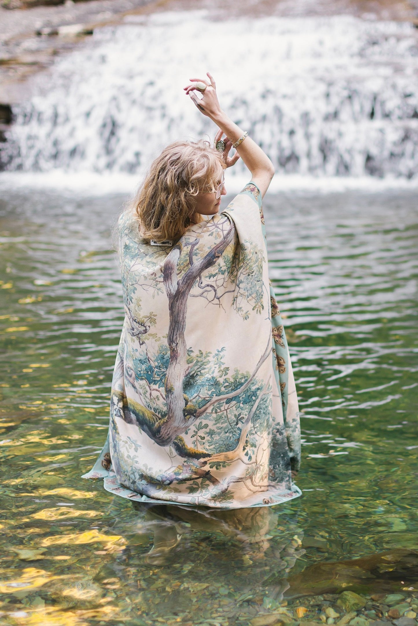 Model wearing the Earth and Sky Goddess length kimono featuring majestic trees by Charles Aston and antique moth illustrations – a dreamy tribute to nature – Market of Stars.