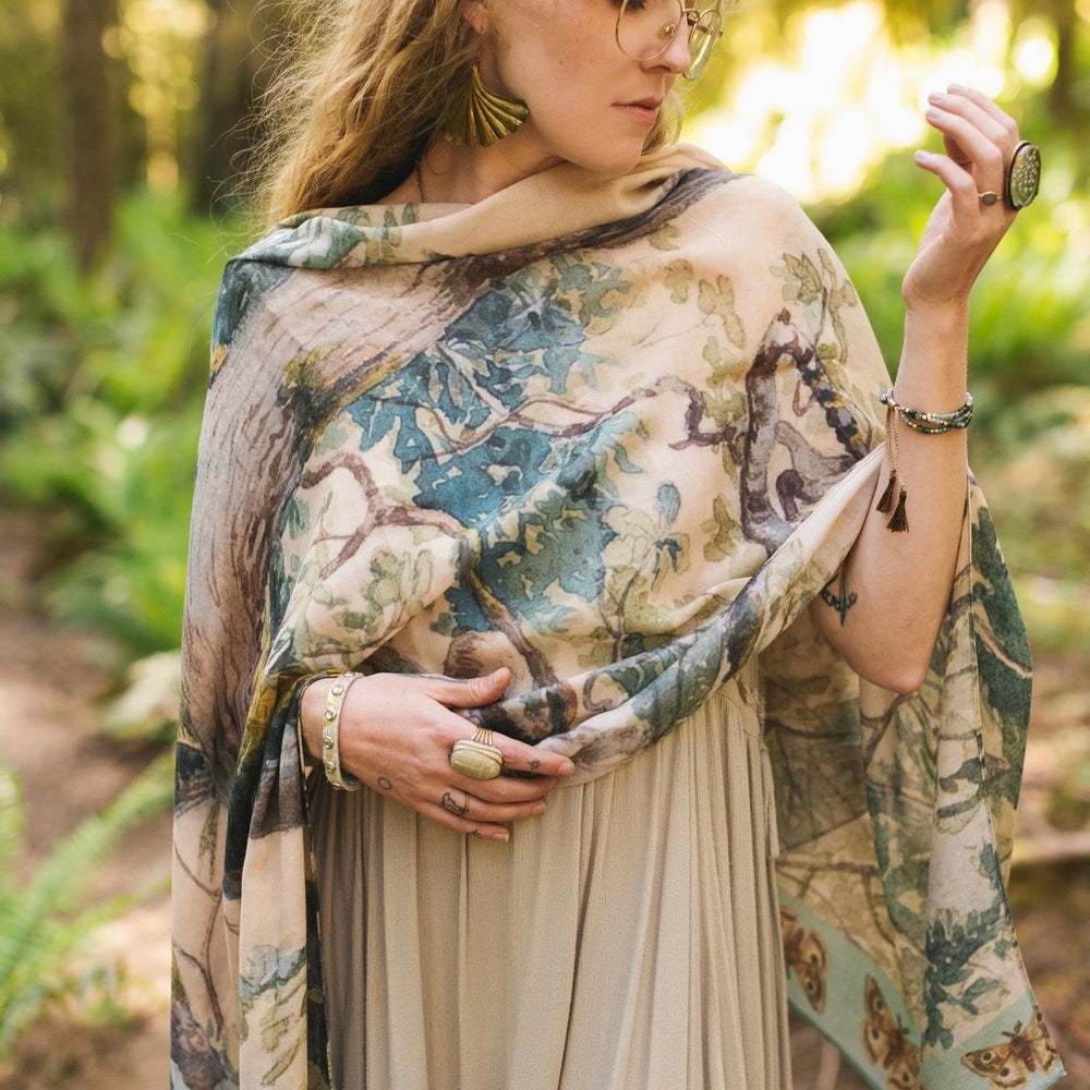 
                  
                    Scarf inspired by Charles Aston’s tree paintings and antique moth artwork – a light, airy accessory perfect for daydreamers and nature lovers – Market of Stars.
                  
                
