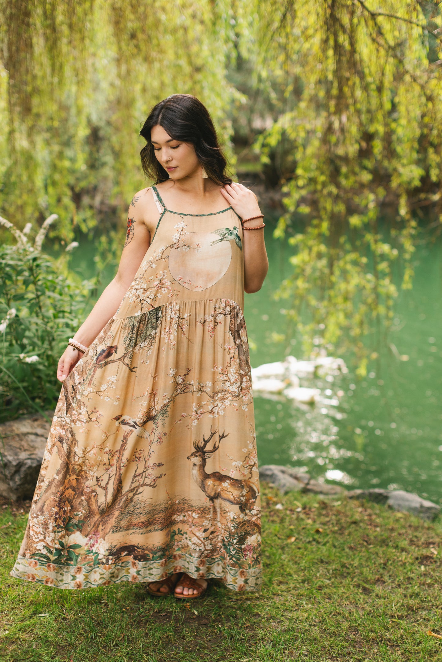 Fable bamboo viscose slip dress featuring antique Japanese art, cherry and peach blossoms, nightingales, deer, and French block prints - Market of Stars