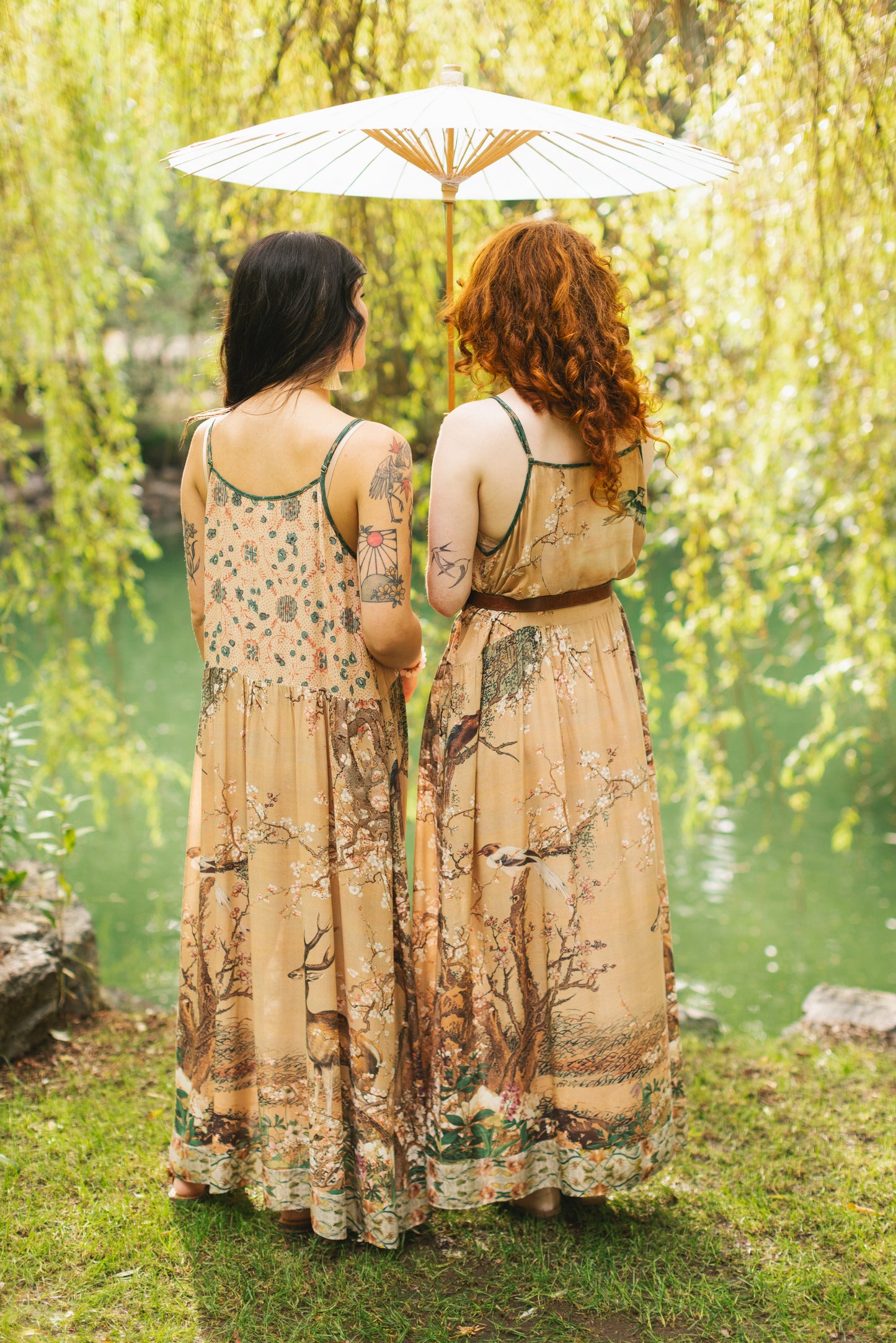 Fable bamboo viscose slip dress featuring antique Japanese art, cherry and peach blossoms, nightingales, deer, and French block prints - Market of Stars