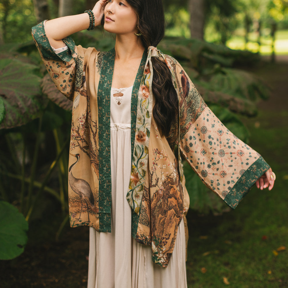 
                  
                    Fable mid-length bamboo blend duster featuring antique Japanese art, cherry and peach blossoms, nightingales, deer, and French block prints - Market of Stars
                  
                