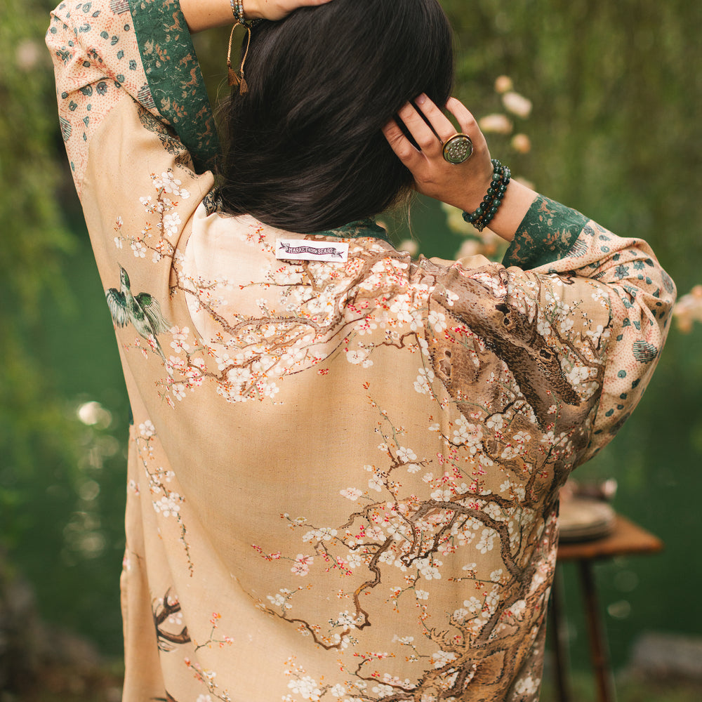 
                  
                    Fable mid-length bamboo blend duster featuring antique Japanese art, cherry and peach blossoms, nightingales, deer, and French block prints - Market of Stars
                  
                