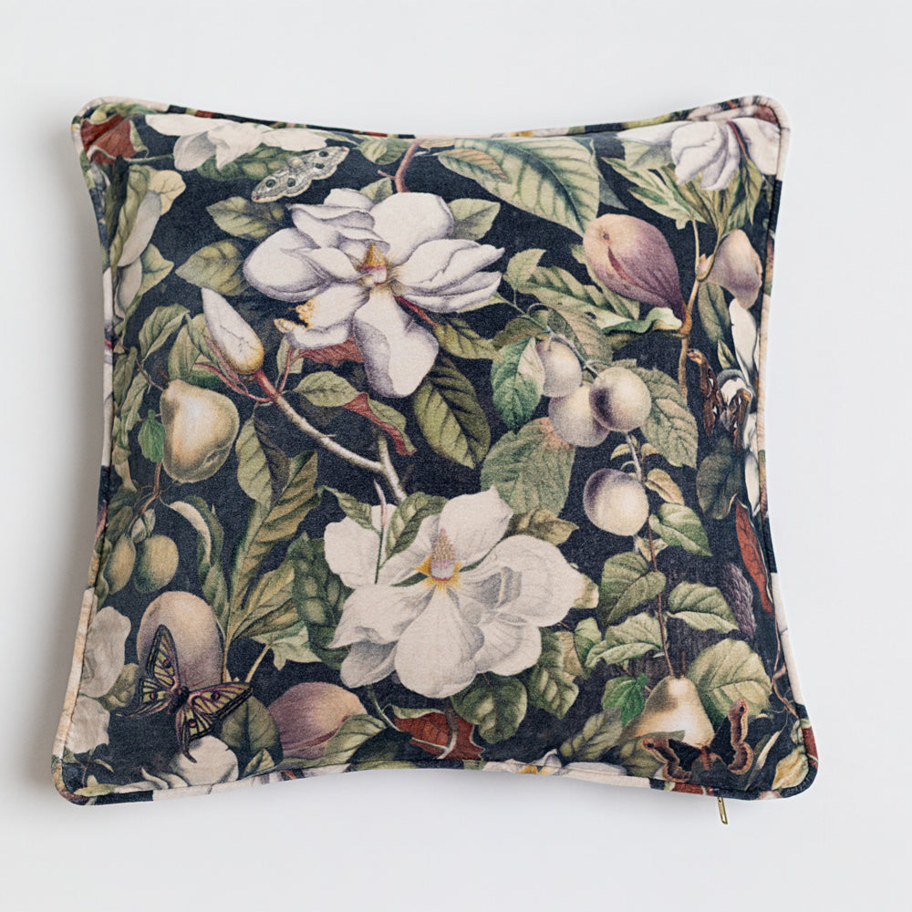 
                  
                    A soft cotton velvet cushion ft. vintage lithographs of magnolias & 1800's etchings of moths and pears - Market of Stars
                  
                