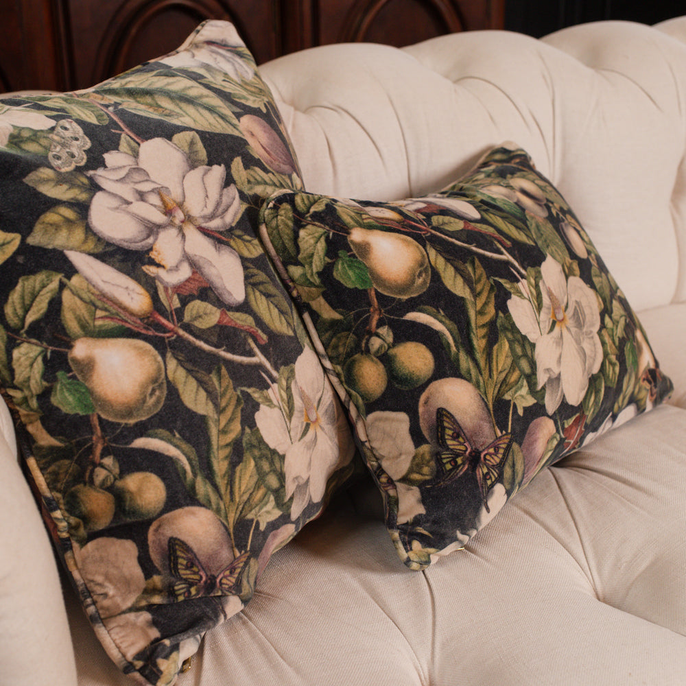 
                  
                    A soft cotton velvet cushion ft. vintage lithographs of magnolias & 1800's etchings of moths and pears - Market of Stars
                  
                