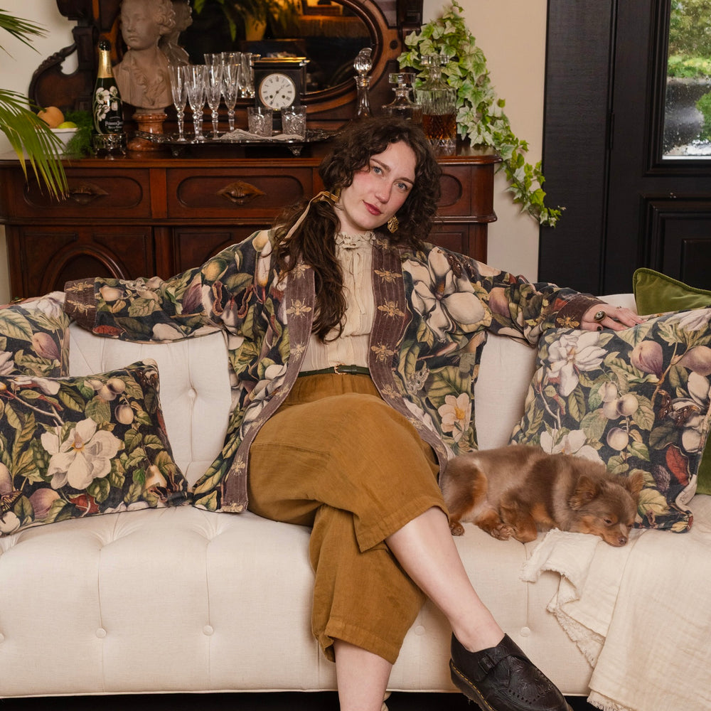 
                  
                    A soft cotton velvet cushion ft. vintage lithographs of magnolias & 1800's etchings of moths and pears - Market of Stars
                  
                