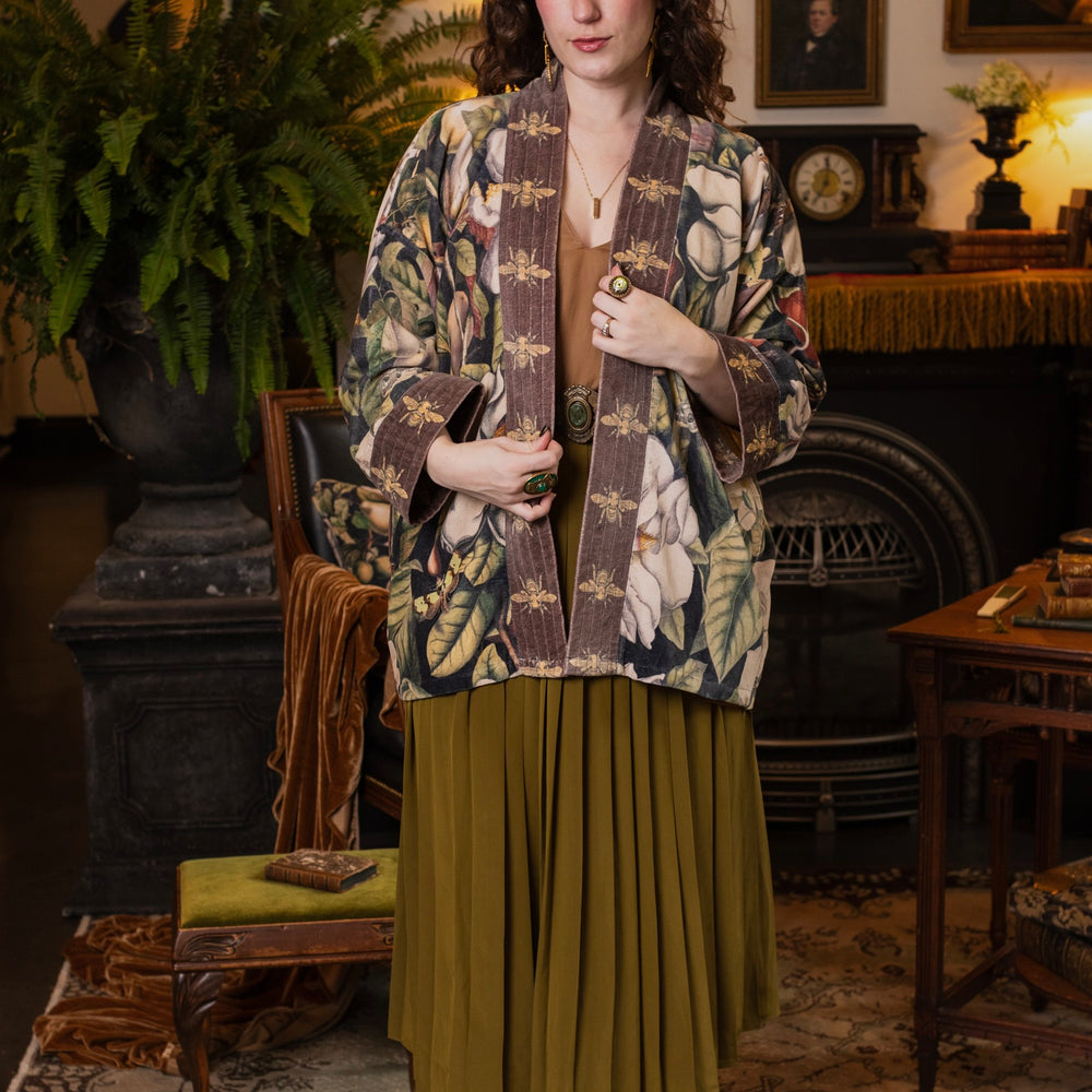 Model wearing a soft cotton velvet duster ft. vintage lithographs of magnolias & 1800's etchings of moths and pears - Market of Stars