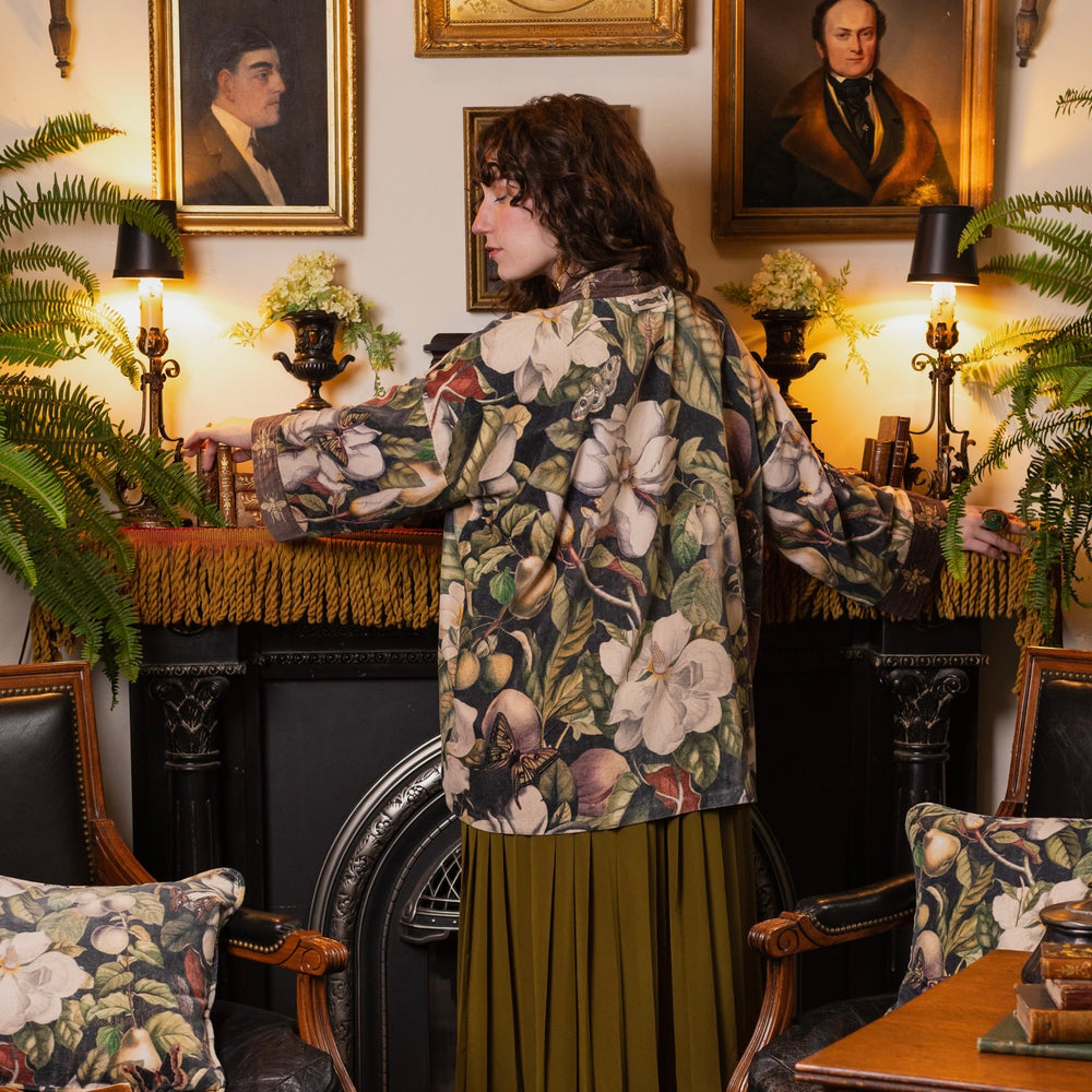 Model wearing a soft cotton velvet duster ft. vintage lithographs of magnolias & 1800's etchings of moths and pears - Market of Stars