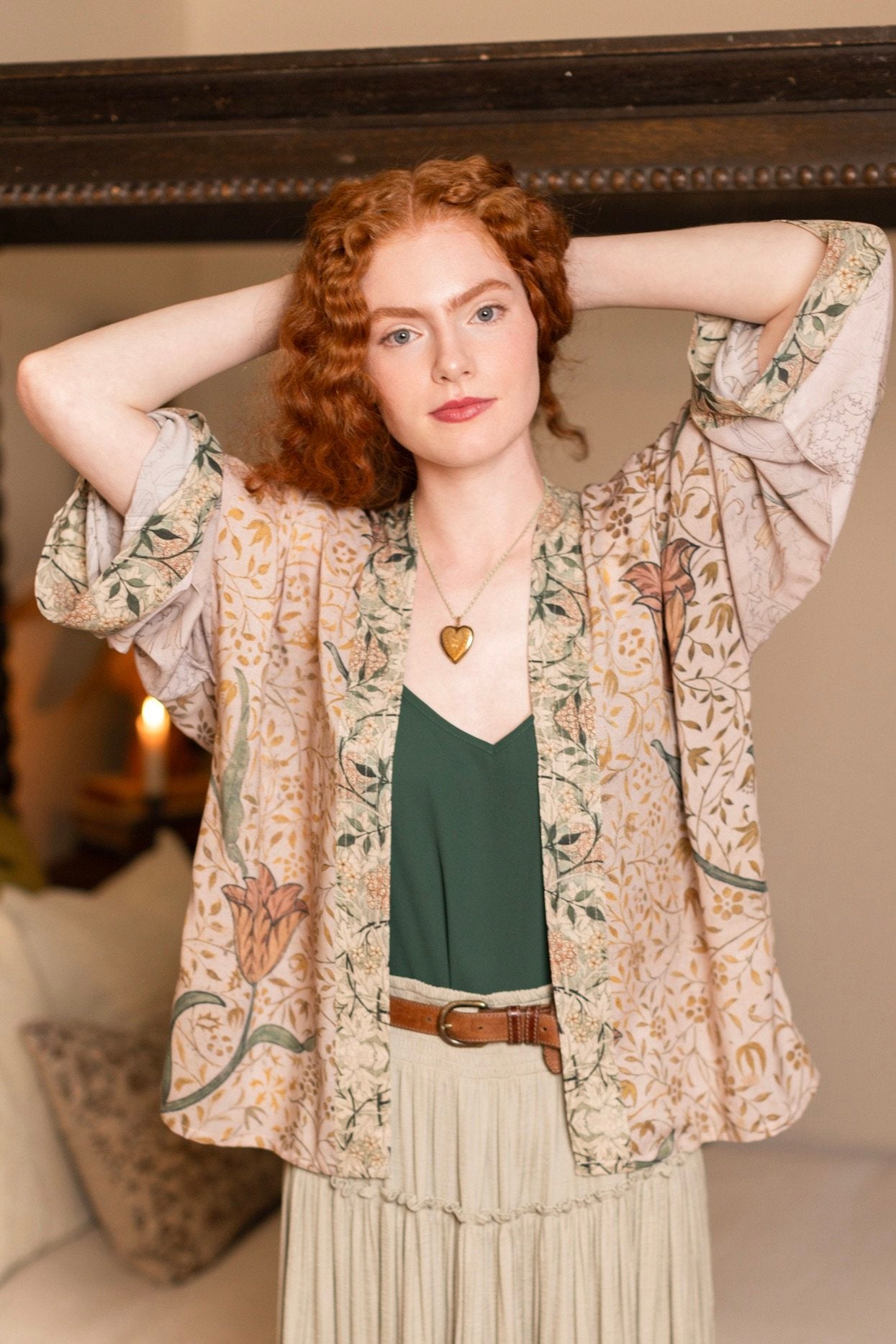 Model wearing full-length Folklore opera duster featuring Bird-of-Peace embroidery and unfinished William Morris textile panels in soft earthy tones – Market of Stars.