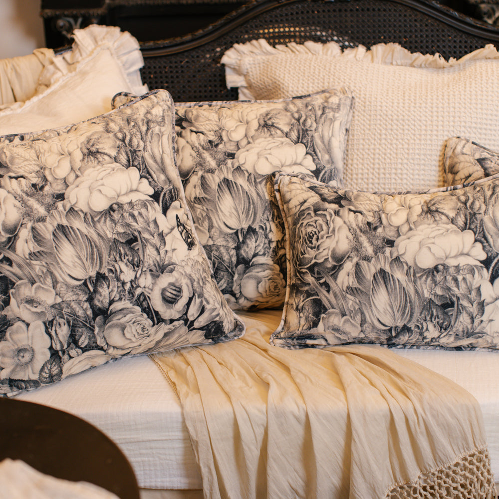 A soft velvet cotton cushion ft. 1900's floral lithographs - a garden dreamt up in ink - Market of Stars