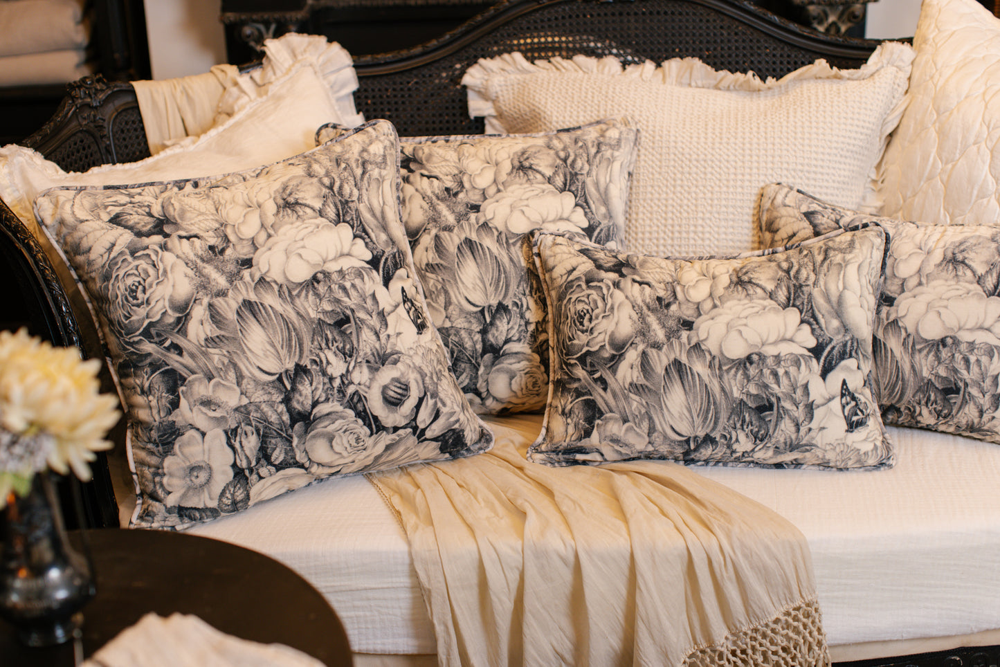 A soft velvet cotton cushion ft. 1900's floral lithographs - a garden dreamt up in ink - Market of Stars