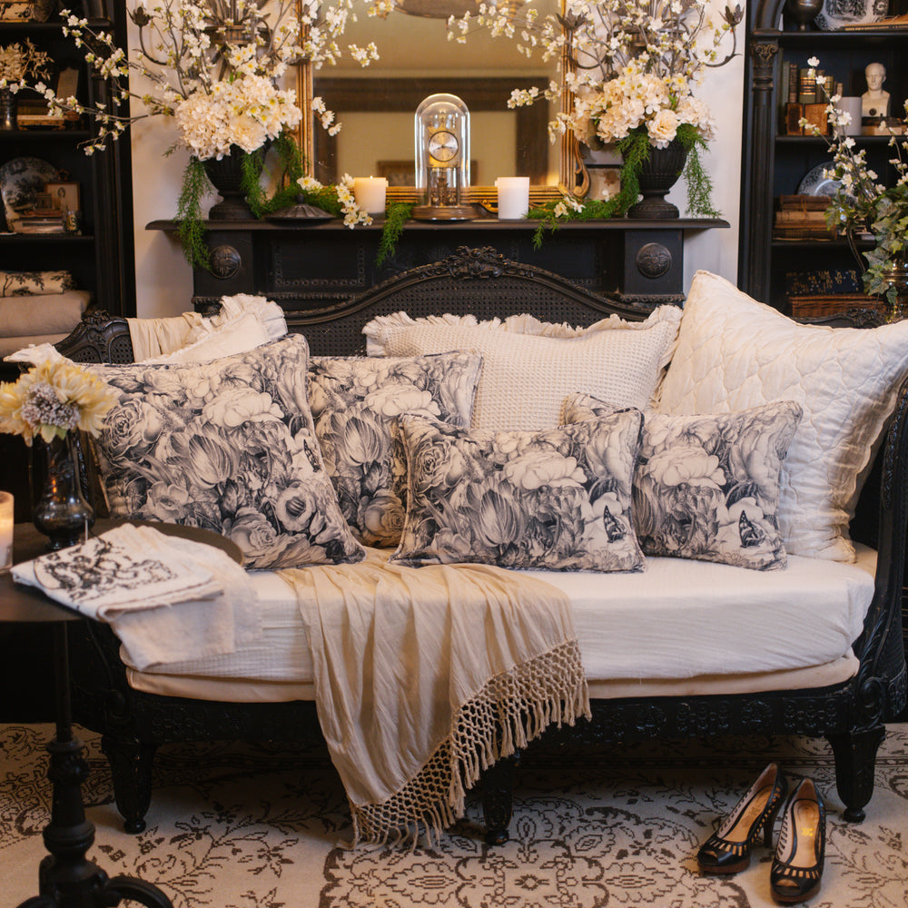 
                  
                    A soft velvet cotton cushion ft. 1900's floral lithographs - a garden dreamt up in ink - Market of Stars
                  
                