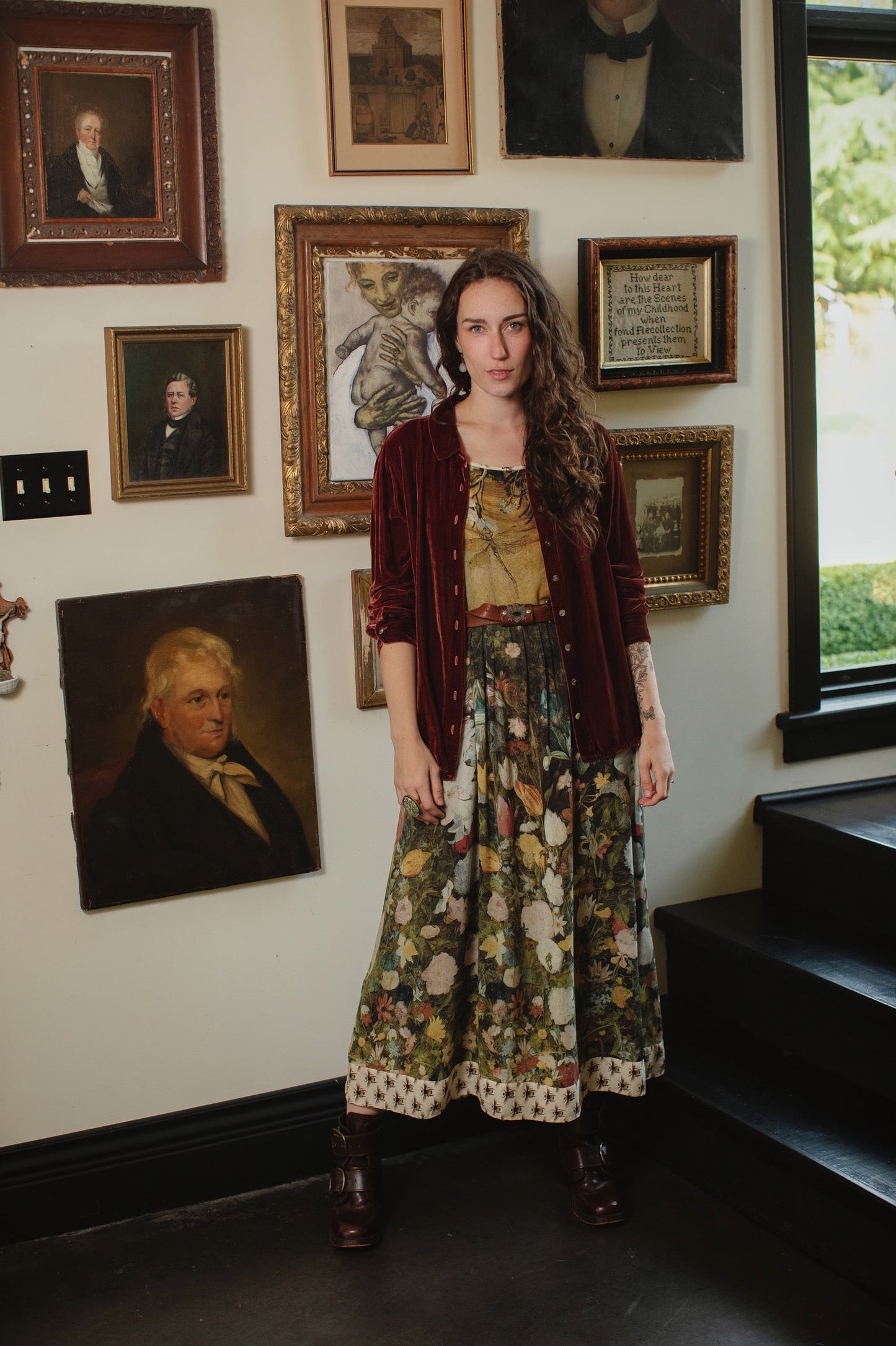 Model wearing the I Dream in Flowers Bohéme Slip Dress with vintage-inspired floral artwork and Victorian bumblebee details, perfect for layering or lounging – Market of Stars.