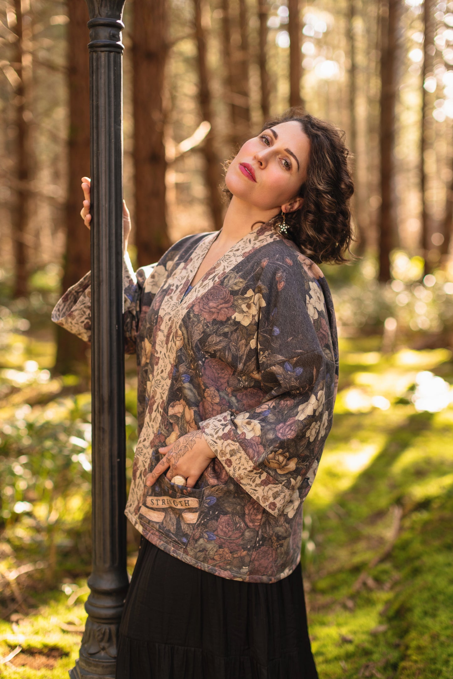 Model wearing the Lionheart Cottage Cardigan ft artwork by illustrator Jessica Roux - Market of Stars