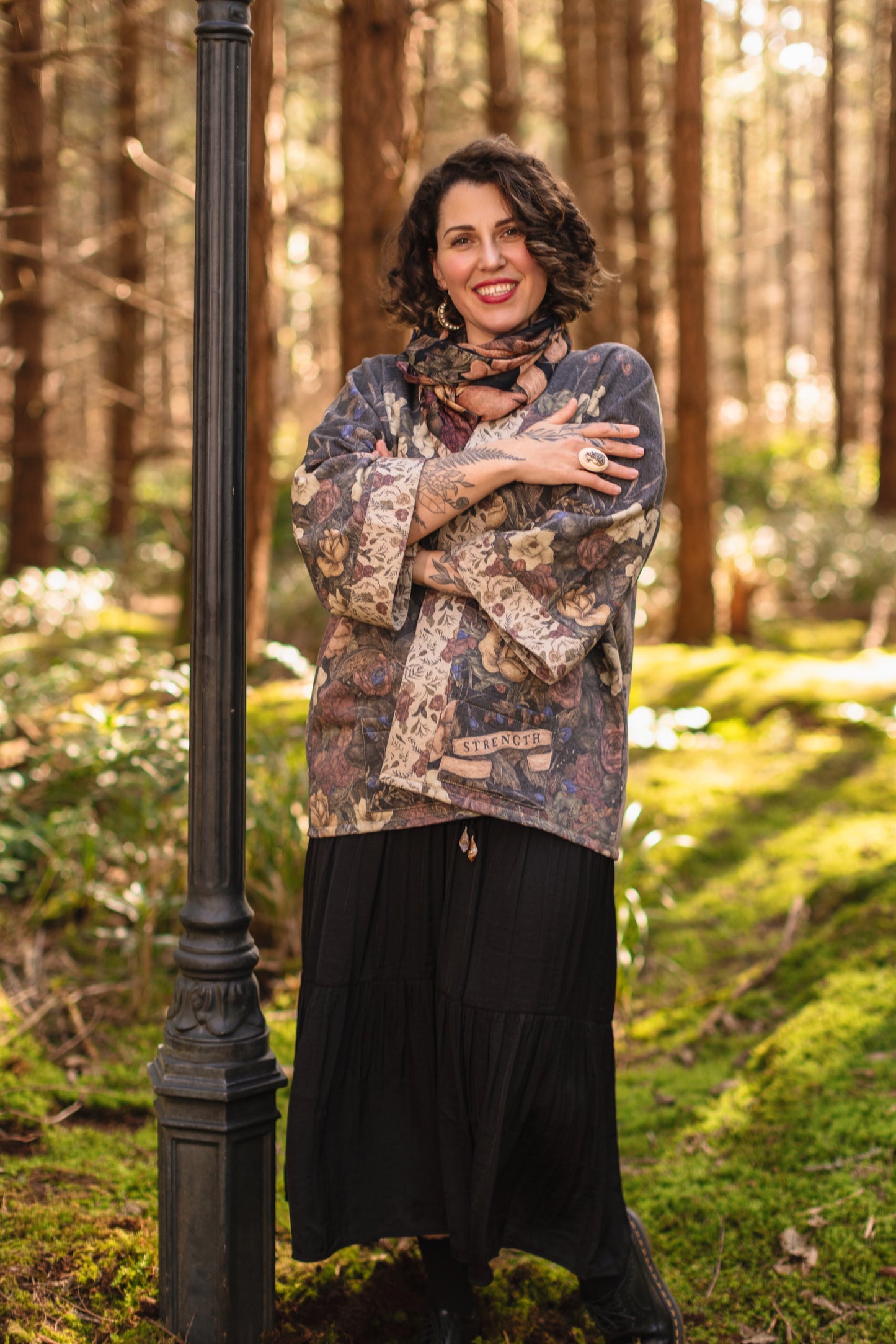 Model wearing the Lionheart Cottage Cardigan ft artwork by illustrator Jessica Roux - Market of Stars