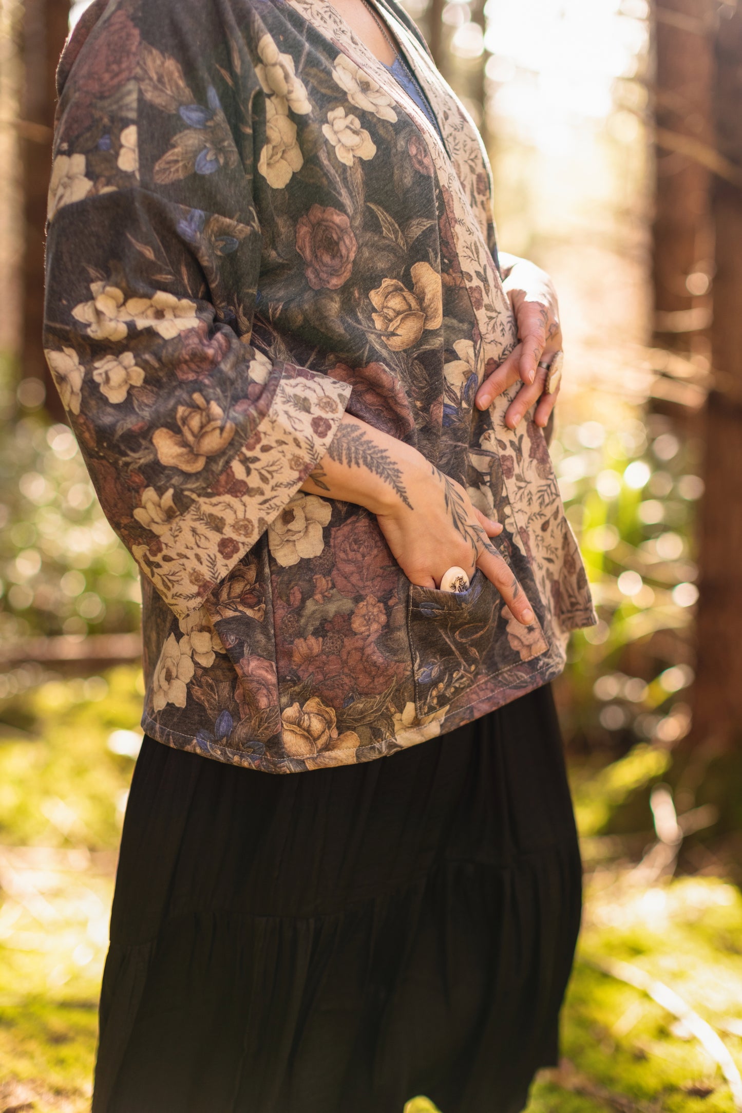 Model wearing the Lionheart Cottage Cardigan ft artwork by illustrator Jessica Roux - Market of Stars