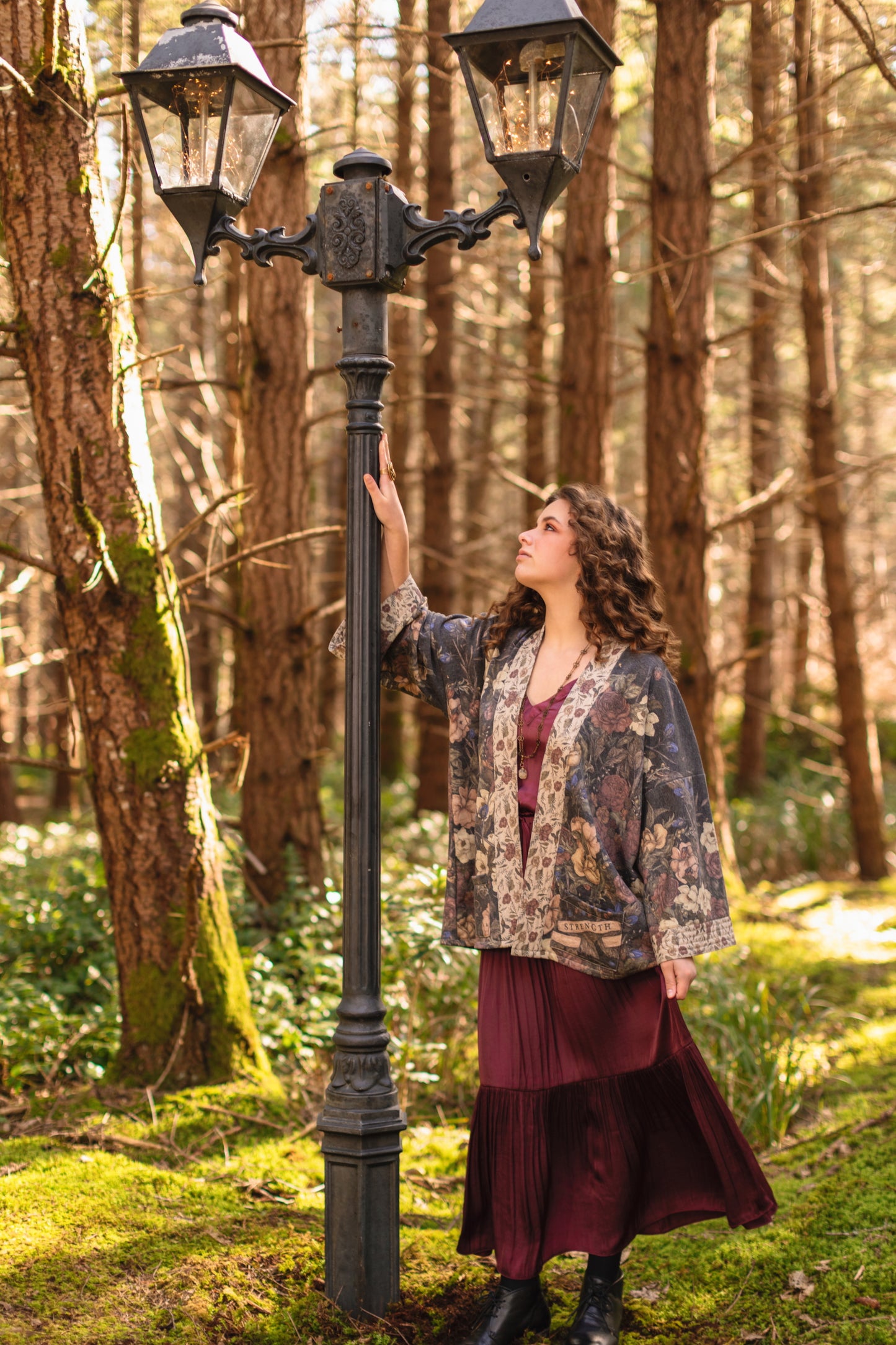 Model wearing the Lionheart Cottage Cardigan ft artwork by illustrator Jessica Roux - Market of Stars
