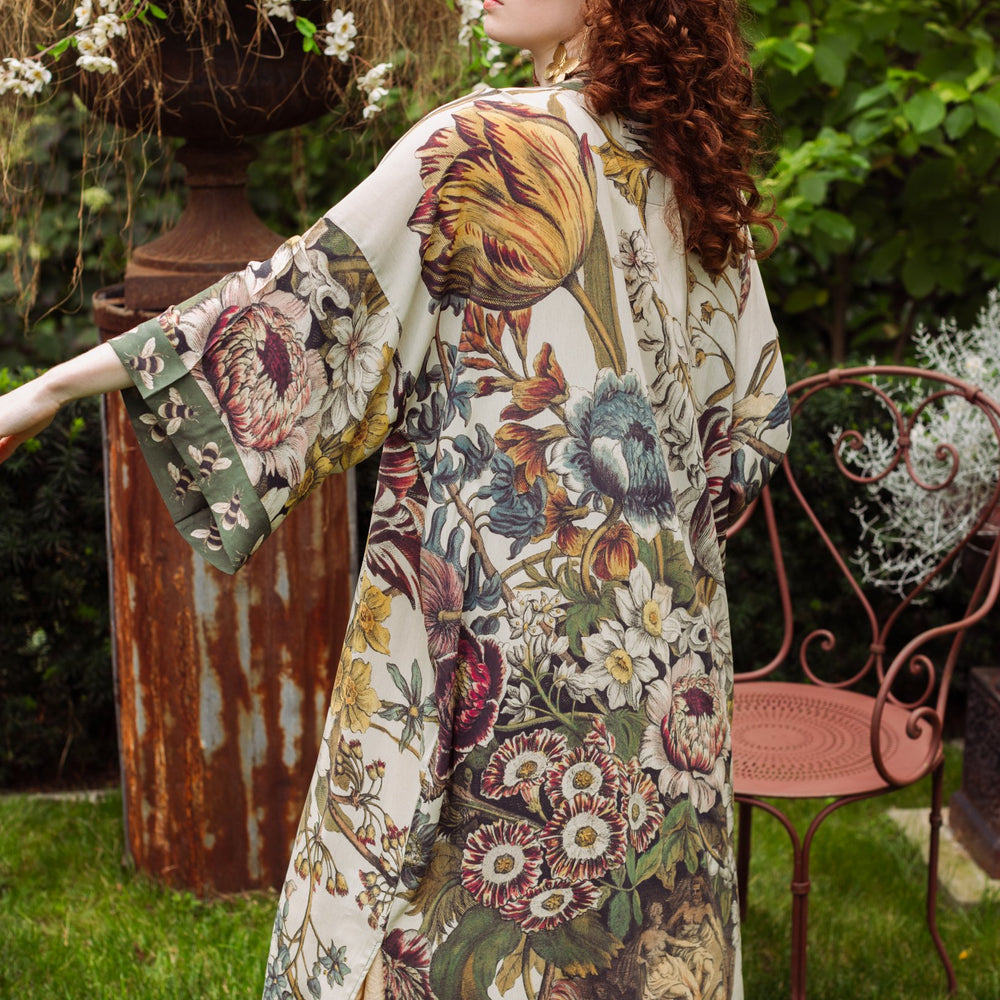 Model wearing kimono featuring 1700s March floral etchings and charming bumblebee trim inspired by vintage seed catalogues – Market of Stars.